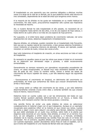 El trasplantado es una operación que nos veremos obligados a efectuar muchas
veces a lo largo de la vida de un Bonsái, por lo que podemos dividir esta técnica en
tres variedades, dependiendo de la edad del árbol que tengamos entre manos:
A la mayoría de los árboles no les gusta ser molestados en su medio habitual de
crecimiento. Por esta razón, procuraremos trasplantar sólo cuando sea imperativa
la necesidad de hacerlo.
Así, si nuestro Bonsái ha sido trasplantado el año pasado, no necesitará de un
nuevo trasplante hasta dentro de dos años, si es de una especie de hoja caduca, o
hasta dentro de cuatro años si se trata de una especie de hoja perenne.
Por supuesto, si el árbol tiene algún problema de crecimiento radicular, tal como
podredumbre de raíces, debemos trasplantarlo inmediatamente.
Algunos árboles, sin embargo, pueden necesitar de un trasplantado más frecuente,
bien sea por su rapidez natural de crecimiento, o bien porque estemos forzándolo a
crecer mediante un programa intensivo de abonado. El sauce, por ejemplo, puede
necesitar un cambio de suelo, incluso dos veces al año.
Aquí solo trataremos el trasplante de creación, en otras secciones se trata el resto
de trasplantes.
Es necesario en aquellos casos en que las raíces que posee el árbol en el momento
de su obtención son demasiado viejas y gruesas, o están excesivamente
enmarañadas.
Generalmente es siempre necesario con ejemplares recuperados procedentes de
vivero; en casos excepcionales, un Bonsái muy viejo necesitará también de este
tipo de poda de raíz. Como su nombre indica, vamos a sentar las bases de
crecimiento del futuro cepellón de raíces, y por ello debemos seguir las siguientes
normas:
- Favoreceremos el crecimiento en longitud, en detrimento del crecimiento en
profundidad, de modo que cortaremos las raíces que crezcan directamente hacia
arriba o hacia abajo.
- Las ramas serán un reflejo del crecimiento de las raíces, y por esto debemos
desenmarañarlas evitando cruces entre ellas y cortando también las que crezcan
hacia el interior, hacia el tronco.
Debemos tener en cuenta cuáles van a ser las dimensiones del tiesto en que
nuestro Bonsái quedará plantado definitivamente en un futuro, a tiesto más
pequeño, será necesario acortar más las raíces gruesas y viceversa.
Una sencilla forma de evitar una poda drástica de raíces es seleccionar
cuidadosamente el material virgen con el que trabajamos. Aunque en un ejemplar
recuperado poco podemos influir en la manera en que crecen sus raíces, cuando
acudimos a algún vivero para adquirir una planta para Bonsái, debemos rechazar
las que estén plantadas en un suelo muy arcilloso, sobre todo si la planta que
elegimos está creciendo en una maceta. Esos árboles, al crecer en un terreno muy
duro, se ven obligados a emitir raíces muy gruesas y, a menudo, enrolladas
alrededor de la maceta, encontrándose las raicillas finas tan solo en el fondo del
contenedor. Por el contrario, aquellos árboles que están plantados en una maceta
con sustrato esponjoso, poseen abundantes raíces finas en todo el cepellón, con lo
que el éxito del trasplante en una maceta de Bonsái está casi asegurado.
27
 
