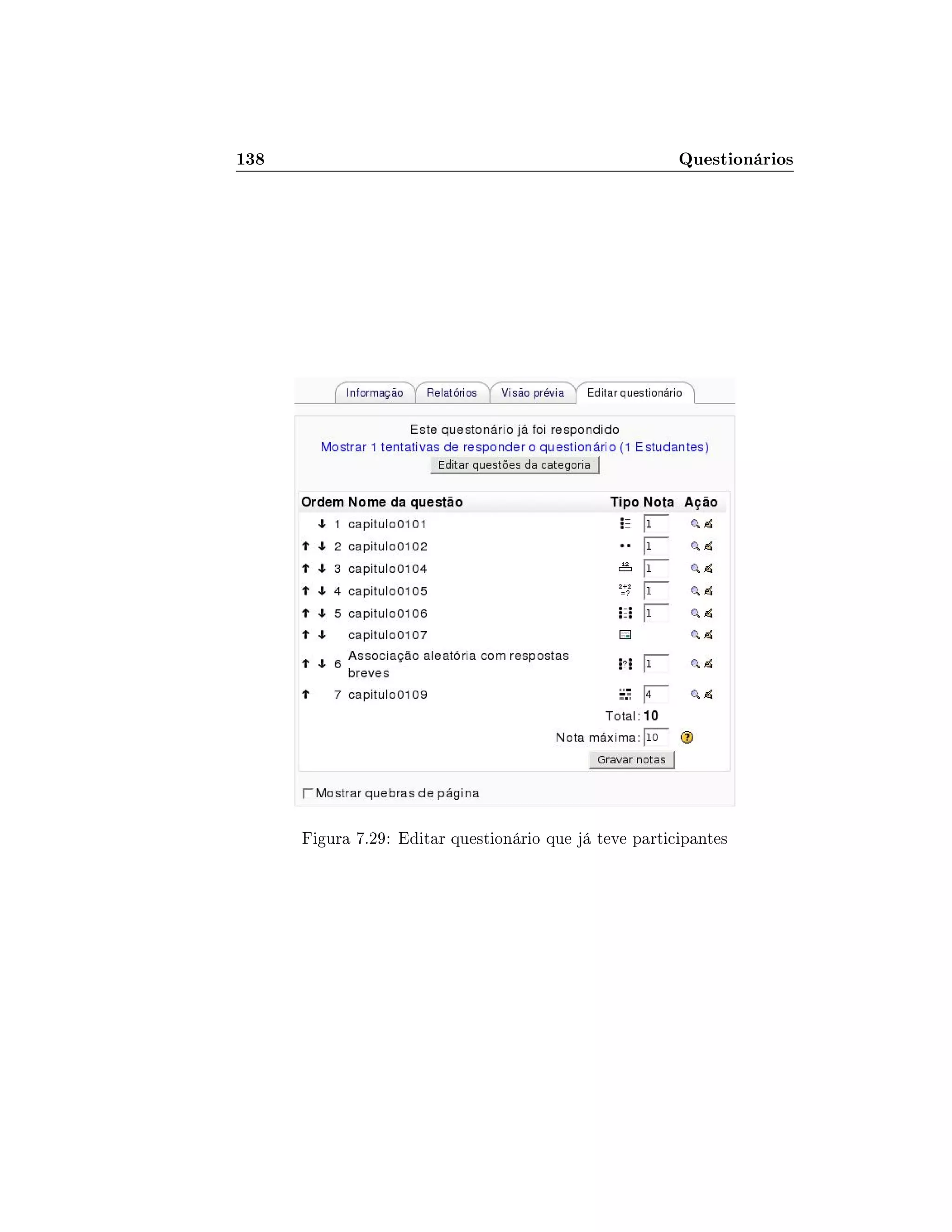 138 Questionários
Figura 7.29: Editar questionário que já teve participantes
 