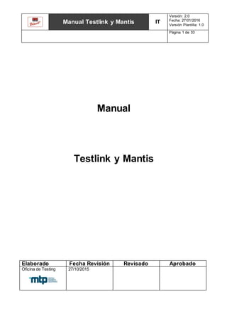 Manual Testlink y Mantis IT
Versión: 2.0
Fecha: 27/01/2016
Versión Plantilla: 1.0
Página 1 de 33
Manual
Testlink y Mantis
Elaborado Fecha Revisión Revisado Aprobado
Oficina de Testing 27/10/2015
 