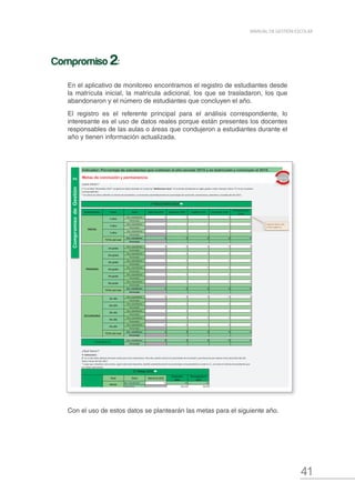 41
MANUAL DE GESTIÓN ESCOLAR
En el aplicativo de monitoreo encontramos el registro de estudiantes desde
la matrícula inicial, la matricula adicional, los que se trasladaron, los que
abandonaron y el número de estudiantes que concluyen el año.
El registro es el referente principal para el análisis correspondiente, lo
interesante es el uso de datos reales porque están presentes los docentes
responsables de las aulas o áreas que condujeron a estudiantes durante el
año y tienen información actualizada.
Metas de conclusión y permanencia
¿Qué hacer?
Nivel educativo Grado Datos Matrícula 2015 Abandono 2015 Traslado 2015 Conclusión 2015
Permanencia al
2016
Nro. estudiantes 0 0 0 0 0
Porcentaje
Nro. estudiantes 0 0 0 0 0
Porcentaje
Nro. estudiantes 0 0 0 0 0
Porcentaje
Nro. estudiantes 0 0 0 0 0
Porcentaje
Nro. estudiantes 0 0 0 0 0
Porcentaje
Nro. estudiantes 0 0 0 0 0
Porcentaje
Nro. estudiantes 0 0 0 0 0
Porcentaje
Nro. estudiantes 0 0 0 0 0
Porcentaje
Nro. estudiantes 0 0 0 0 0
Porcentaje
Nro. estudiantes 0 0 0 0 0
Porcentaje
Nro. estudiantes 0 0 0 0 0
Porcentaje
Nro. estudiantes 0 0 0 0 0
Porcentaje
Nro. estudiantes 0 0 0 0 0
Porcentaje
Nro. estudiantes 0 0 0 0 0
Porcentaje
Nro. estudiantes 0 0 0 0 0
Porcentaje
Nro. estudiantes 0 0 0 0 0
Porcentaje
Nro. estudiantes 0 0 0 0 0
Porcentaje
Nro. estudiantes 0 0 0 0 0
Porcentaje
¿Qué hacer?
Nivel Datos Matrícula 2016
Conclusión
2016
Permanencia al
2017
Nro. estudiantes 14 14 13
Porcentaje 100,0% 90,0%
Nro. estudiantes 49 49 49
Porcentaje 100,0% 100,0%
Nro. estudiantes 67 67 67
Porcentaje 100,0% 100,0%
Nro. estudiantes 130 130 129
Porcentaje 100,0% 99,2%
4to año
TOTAL del nivel
SECUNDARIA
5to año
SECUNDARIA
1er año
Indicador: Porcentaje de estudiantes que culminan el año escolar 2015 y se matriculan y concluyen el 2016.
5to grado
★ Indicaciones:
2° En el año 2016, deberás formular metas para este compromiso. Para ello, podrás colocar los porcentajes de conclusión y permanencia que esperas tener para fines del año
2016 e inicios del año 2017.
* Luego que completes estas metas, según cada nivel educativo, tendrás automáticamente los porcentajes correspondientes a toda tu I.E., así como el número de estudiantes que
tus metas representan.
3er año
2do año
PRIMARIA
INICIAL
INICIAL
TOTAL del nivel
TODA LA I.E.
Formulación
de metas del
año 2016
3er grado
TOTAL de la I.E.
TOTAL del nivel
4to gradoPRIMARIA
6to grado
2do grado
2° Metas 2016 ➨
1er grado
4 años
3 años
5 años
1° RESULTADOS 2015 ➨
1° En la Tabla "Resultados 2015" completa los datos teniendo en cuenta las "definiciones clave". Si no tienes estudiantes en algún grado o nivel, entonces coloca "0" en los recuadros
correspondientes.
* Al colocar los datos referidos al número de estudiantes, se mostrarán automáticamente los porcentajes de conclusión, permanencia, abandono y traslado del año 2015.
CompromisodeGestión2
Ingresar datos solo
en las celdas en
Retornar
Compromiso 2:
Con el uso de estos datos se plantearán las metas para el siguiente año.
 