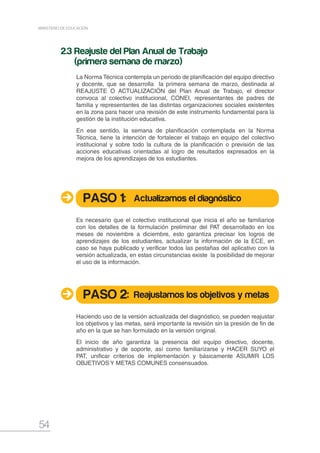 54
MINISTERIO DE EDUCACIÓN
2.3 Reajuste del Plan Anual de Trabajo
(primera semana de marzo)
La Norma Técnica contempla un periodo de planificación del equipo directivo
y docente, que se desarrolla la primera semana de marzo, destinada al
REAJUSTE O ACTUALIZACIÓN del Plan Anual de Trabajo, el director
convoca al colectivo institucional, CONEI, representantes de padres de
familia y representantes de las distintas organizaciones sociales existentes
en la zona para hacer una revisión de este instrumento fundamental para la
gestión de la institución educativa.
En ese sentido, la semana de planificación contemplada en la Norma
Técnica, tiene la intención de fortalecer el trabajo en equipo del colectivo
institucional y sobre todo la cultura de la planificación o previsión de las
acciones educativas orientadas al logro de resultados expresados en la
mejora de los aprendizajes de los estudiantes.
Es necesario que el colectivo institucional que inicia el año se familiarice
con los detalles de la formulación preliminar del PAT desarrollado en los
meses de noviembre a diciembre, esto garantiza precisar los logros de
aprendizajes de los estudiantes, actualizar la información de la ECE, en
caso se haya publicado y verificar todos las pestañas del aplicativo con la
versión actualizada, en estas circunstancias existe la posibilidad de mejorar
el uso de la información.
Haciendo uso de la versión actualizada del diagnóstico, se pueden reajustar
los objetivos y las metas, será importante la revisión sin la presión de fin de
año en la que se han formulado en la versión original.
El inicio de año garantiza la presencia del equipo directivo, docente,
administrativo y de soporte, así como familiarizarse y HACER SUYO el
PAT, unificar criterios de implementación y básicamente ASUMIR LOS
OBJETIVOS Y METAS COMUNES consensuados.
PASO 1:
PASO 2:
Actualizamos el diagnóstico
Reajustamos los objetivos y metas
 