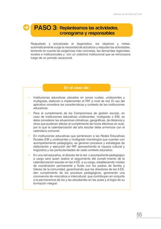 55
MANUAL DE GESTIÓN ESCOLAR
Reajustado y actualizado el diagnóstico, los objetivos y metas,
automáticamente surge la necesidad de actualizar y reajustar las actividades,
teniendo en cuenta las exigencias más concretas, las demandas regionales,
locales e institucionales y con un colectivo institucional que se reincorpora
luego de un periodo vacacional.
PASO 3: Replanteamos las actividades,
cronograma y responsables
•	 Instituciones educativas ubicados en zonas rurales, unidocentes y
multigrado, elaboran e implementan el PAT a nivel de red. El uso del
aplicativo considera las características y contexto de las instituciones
educativas.
•	 Para el cumplimiento de los Compromisos de gestión escolar, en
caso de instituciones educativas unidocentes, multigrado o EIB, se
debe considerar las situaciones climáticas, geográficas, de distancia y
otras que pudieran afectar el cumplimiento de horas efectivas en aula,
por lo que la calendarización del año escolar debe armonizar con el
calendario comunal.
•	 En instituciones educativas que pertenecen a las Redes Educativas
Rurales EIB y unidocentes y multigrado monolingüe que cuentan con
acompañamiento pedagógico, se generan procesos y estrategias de
elaboración y ejecución del PAT aprovechando la riqueza cultural y
lingüística y las particularidades de cada contexto educativo.
•	 En una red educativa, el director de la red o acompañante pedagógico
a cargo será quien realice el seguimiento del cumpli¬miento de la
calendarización escolar en las II.EE. a su cargo, estableciendo niveles
de coordinación permanente y fluida con los padres de familia y
líderes de la comunidad, garantizando que los directores de las II.EE.
den cumplimiento de los procesos pedagógicos, generando una
convivencia de¬mocrática e intercultural, que contribuyan en conjunto
a la permanencia de los y las estudiantes en las aulas y al logro de su
formación integral.
En el caso de:
 