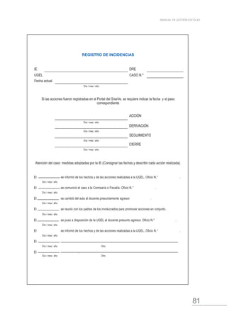 81
MANUAL DE GESTIÓN ESCOLAR
REGISTRO DE INCIDENCIAS
IE DRE
UGEL CASO N.º
Fecha actual
Día / mes / año
Si las acciones fueron registradas en el Portal del SíseVe, se requiere indicar la fecha y el paso
correspondiente
ACCIÓN
Día / mes / año
DERIVACIÓN
Día / mes / año
SEGUIMIENTO
Día / mes / año
CIERRE
Día / mes / año
Atención del caso: medidas adoptadas por la IE (Consignar las fechas y describir cada acción realizada).
El        se informó de los hechos y de las acciones realizadas a la UGEL. Oficio N.°        .
Día / mes / año
El        se comunicó el caso a la Comisaría o Fiscalía. Oficio N.°        .
Día / mes / año
El       se cambió del aula al docente presuntamente agresor      .
Día / mes / año
El        se reunió con los padres de los involucrados para promover acciones en conjunto .
Día / mes / año
El        se puso a disposición de la UGEL al docente presunto agresor. Oficio N.°       .
Día / mes / año
El        se informó de los hechos y de las acciones realizadas a la UGEL. Oficio N.°        .
Día / mes / año
El             .
Día / mes / año Otro
El            .
Día / mes / año Otro
 