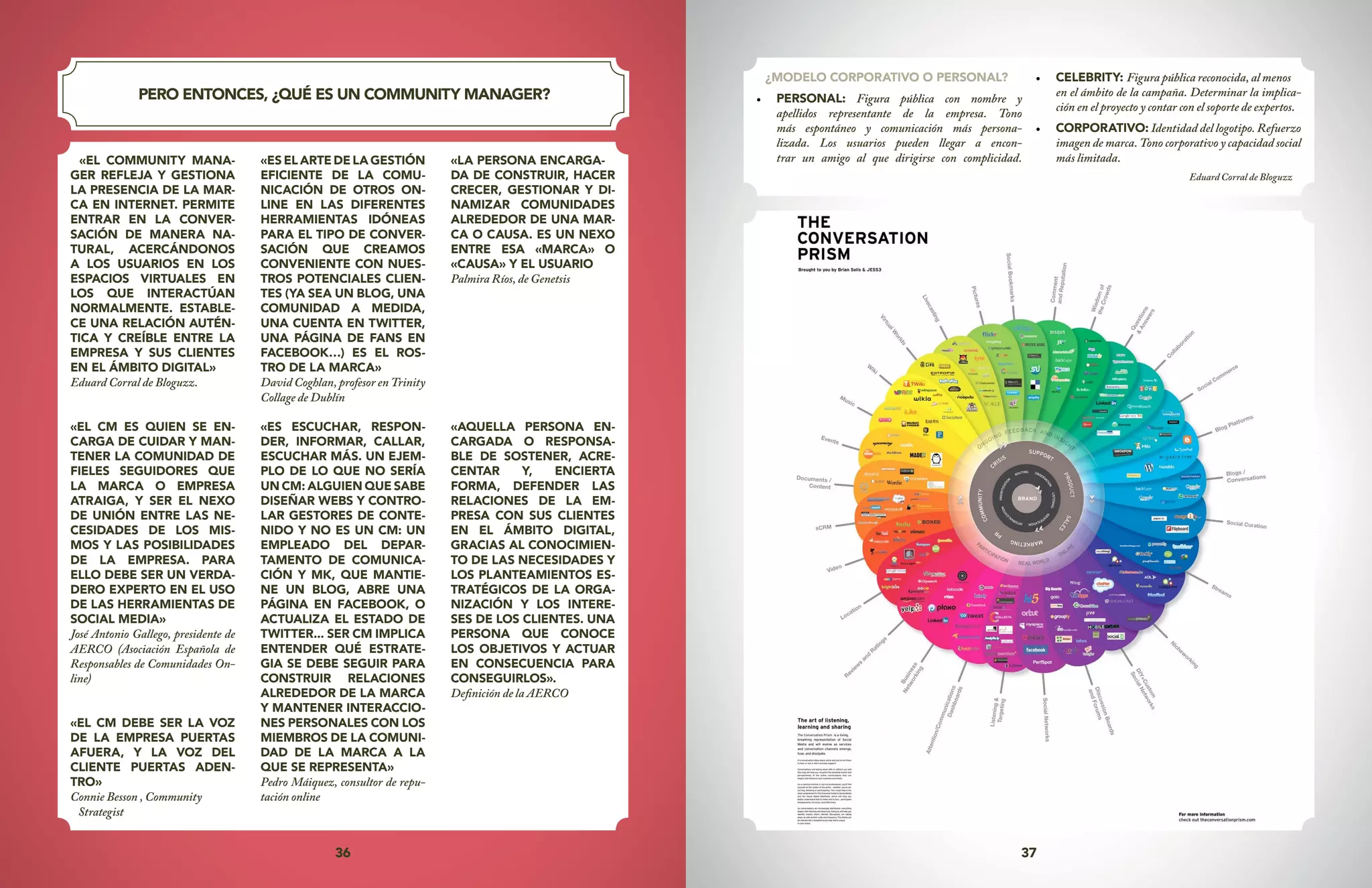 36 37
PERO ENTONCES, ¿QUÉ ES UN COMMUNITY MANAGER?
«EL COMMUNITY MANA-
GER REFLEJA Y GESTIONA
LA PRESENCIA DE LA MAR-
CA EN INTERNET. PERMITE
ENTRAR EN LA CONVER-
SACIÓN DE MANERA NA-
TURAL, ACERCÁNDONOS
A LOS USUARIOS EN LOS
ESPACIOS VIRTUALES EN
LOS QUE INTERACTÚAN
NORMALMENTE. ESTABLE-
CE UNA RELACIÓN AUTÉN-
TICA Y CREÍBLE ENTRE LA
EMPRESA Y SUS CLIENTES
EN EL ÁMBITO DIGITAL»
Eduard Corral de Bloguzz.
«EL CM ES QUIEN SE EN-
CARGA DE CUIDAR Y MAN-
TENER LA COMUNIDAD DE
FIELES SEGUIDORES QUE
LA MARCA O EMPRESA
ATRAIGA, Y SER EL NEXO
DE UNIÓN ENTRE LAS NE-
CESIDADES DE LOS MIS-
MOS Y LAS POSIBILIDADES
DE LA EMPRESA. PARA
ELLO DEBE SER UN VERDA-
DERO EXPERTO EN EL USO
DE LAS HERRAMIENTAS DE
SOCIAL MEDIA»
José Antonio Gallego, presidente de
AERCO (Asociación Española de
Responsables de Comunidades On-
line)
«EL CM DEBE SER LA VOZ
DE LA EMPRESA PUERTAS
AFUERA, Y LA VOZ DEL
CLIENTE PUERTAS ADEN-
TRO»
Connie Besson , Community
Strategist
«ES EL ARTE DE LA GESTIÓN
EFICIENTE DE LA COMU-
NICACIÓN DE OTROS ON-
LINE EN LAS DIFERENTES
HERRAMIENTAS IDÓNEAS
PARA EL TIPO DE CONVER-
SACIÓN QUE CREAMOS
CONVENIENTE CON NUES-
TROS POTENCIALES CLIEN-
TES (YA SEA UN BLOG, UNA
COMUNIDAD A MEDIDA,
UNA CUENTA EN TWITTER,
UNA PÁGINA DE FANS EN
FACEBOOK…) ES EL ROS-
TRO DE LA MARCA»
David Coghlan, profesor en Trinity
Collage de Dublín
«ES ESCUCHAR, RESPON-
DER, INFORMAR, CALLAR,
ESCUCHAR MÁS. UN EJEM-
PLO DE LO QUE NO SERÍA
UN CM: ALGUIEN QUE SABE
DISEÑAR WEBS Y CONTRO-
LAR GESTORES DE CONTE-
NIDO Y NO ES UN CM: UN
EMPLEADO DEL DEPAR-
TAMENTO DE COMUNICA-
CIÓN Y MK, QUE MANTIE-
NE UN BLOG, ABRE UNA
PÁGINA EN FACEBOOK, O
ACTUALIZA EL ESTADO DE
TWITTER... SER CM IMPLICA
ENTENDER QUÉ ESTRATE-
GIA SE DEBE SEGUIR PARA
CONSTRUIR RELACIONES
ALREDEDOR DE LA MARCA
Y MANTENER INTERACCIO-
NES PERSONALES CON LOS
MIEMBROS DE LA COMUNI-
DAD DE LA MARCA A LA
QUE SE REPRESENTA»
Pedro Máiquez, consultor de repu-
tación online
«LA PERSONA ENCARGA-
DA DE CONSTRUIR, HACER
CRECER, GESTIONAR Y DI-
NAMIZAR COMUNIDADES
ALREDEDOR DE UNA MAR-
CA O CAUSA. ES UN NEXO
ENTRE ESA «MARCA» O
«CAUSA» Y EL USUARIO
Palmira Ríos, de Genetsis
«AQUELLA PERSONA EN-
CARGADA O RESPONSA-
BLE DE SOSTENER, ACRE-
CENTAR Y, ENCIERTA
FORMA, DEFENDER LAS
RELACIONES DE LA EM-
PRESA CON SUS CLIENTES
EN EL ÁMBITO DIGITAL,
GRACIAS AL CONOCIMIEN-
TO DE LAS NECESIDADES Y
LOS PLANTEAMIENTOS ES-
TRATÉGICOS DE LA ORGA-
NIZACIÓN Y LOS INTERE-
SES DE LOS CLIENTES. UNA
PERSONA QUE CONOCE
LOS OBJETIVOS Y ACTUAR
EN CONSECUENCIA PARA
CONSEGUIRLOS».
Definición de la AERCO
¿MODELO CORPORATIVO O PERSONAL?
•	 PERSONAL: Figura pública con nombre y
apellidos representante de la empresa. Tono
más espontáneo y comunicación más persona-
lizada. Los usuarios pueden llegar a encon-
trar un amigo al que dirigirse con complicidad.
•	 CELEBRITY: Figura pública reconocida, al menos
en el ámbito de la campaña. Determinar la implica-
ción en el proyecto y contar con el soporte de expertos.
•	 CORPORATIVO: Identidad del logotipo. Refuerzo
imagen de marca. Tono corporativo y capacidad social
más limitada.
Eduard Corral de Bloguzz
 