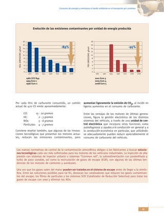 Consumo de energía y emisiones al medio ambiente en el transporte por carretera




                                     Evolución de las emisiones contaminantes por unidad de energía producida



                        18                                                                                          18
                        16                                                                                          16
                                                                    -89%                                                                                    -95%
  NOx EMISSIONS g/kwh




                                                                                               PM EMISSIONS g/kwh
                        14                                                                                          14
                        12                                                                                          12
                        10                                                                                          10
                        8                                                                                           8
                        6                                                                                           6
                        4                                                                                           4
                        2                                                                                           2
                        0                                                                                           0
                              1982    1987   1993   1996   2001      2006   2008                                         1982   1987   1993   1996   2001   2006   2008

                             1982 ECE R49                                                                                2001 Euro 3
                             1993 Euro 1                                                                                 2005 Euro 4
                             1996 Euro 2                                                                                 2008 Euro 5




Por cada litro de carburante consumido, un camión                                          aumentan ligeramente la emisión de CO2, al incidir en
actual de 420 CV emite aproximadamente:                                                    ligeros aumentos en el consumo de carburante.

                        CO:        15 - 20 gramos                                          Entre las ventajas de los motores de últimas genera-
                        HC:          2 - 3 gramos                                          ciones, figura la gestión electrónica de los distintos
                        NOx:         5 - 8 gramos                                          sistemas del vehículo, a través de una unidad de con-
                        Partículas: 4 - 7 gramos                                           trol electrónica que incorpora otras funciones como
                                                                                           autodiagnosis y ayudas a la conducción en general y a
Conviene reseñar también, que algunas de las innova-                                       la conducción económica en particular, que utilizándo-
ciones tecnológicas que presentan los motores actua-                                       se adecuadamente pueden reducir apreciablemente el
les, reducen las emisiones contaminantes, pero                                             consumo de carburante del vehículo.



Las nuevas normativas de control de la contaminación atmosférica obligan a los fabricantes a buscar solucio-
nes tecnológicas cada vez más sofisticadas para los motores de los vehículos industriales. La inyección de alta
presión con sistemas de inyector unitario o sistemas “Common rail”, la sobrealimentación con postenfriado y
turbo de paso variable, así como la recirculación de gases de escape (EGR), son algunas de las últimas ten-
dencias de los motores de camiones y autobuses.

Una vez que los gases salen del motor pueden ser tratados en el sistema de escape antes de llegar a la atmós-
fera. Entre las soluciones posibles para tal fin, destacan los catalizadores que reducen los gases contaminan-
tes del escape, los filtros de partículas y los sistemas SCR (Catalizador de Reducción Selectiva) para tratar los
gases de escape con urea y eliminar los NOx.




                                                                                                                                                                          17
 