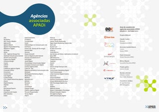 Agências
                                         associadas
                                           APADi                                                                           Guia de conduta das
                                                                                                                           agências associadas APADi
                                                                                                                           EDIÇÃO 01 - OUTUBRO 2012

                                                                                                                           Projeto Editorial
2nd                                Espiral Interativa                     Polvora!
AD Dialeto                         Estudio23                              Princi Agência Web                               Claudio Coelho
AG2 Publicis Modem                 Formula Ideal                          Quasar Studio Multimidia                         Nocaute
Agência Pic                        Foster                                 Rapp Digital Marketing Digital Ltda.             Presidente da APADi
Agência Weesh                      FSB Estratégia em Comunicação Ltda     Red Cube
AgeOne Digital Marketing.          Full Tecno                             Rocket Com                                       Bernardo Castello Branco
Alfaiataria Digital                Future Lab - Bureau de Tecnologia      RS Web Interactive                               Casulo
All Image                          Gerente Web                            Safari.to                                        Diretor APADi
Aloha                              Gommo                                  Santa Monica
AO5 - Agência Orange Five          Grupo Innovar8                         Seo Serviços de Dados e Aplicações na Internet
                                                                                                                           Paulo Centenaro
Aspbrasil Soluções para Internet   Guia-se Negócios pela Internet         Spicy Web
Avanti! Comunicação                Inomax Consultoria em TI               Talk Interactive                                 Diretor Executivo APADi
Cappuccino Digital                 Ioiô Digital                           Timepix Interactive
Carranca Design                    Javali Digital                         Toyacom                                          Milene Moysés
Casulo                             Kronedesign Comunicação Digital        Trend-i                                          Secretária Executiva APADi
CDN Di                             Lampejos Comunicação Digital           Tribal
Chleba                             Levitron Agência Web                   Tritone Design Serviços Ltda.                    Projeto gráfco
ColdVector Agência Digital         Linka On - line                        TV1.com                                          Isabela Arruda
Conteúdo Online                    Máquina da Notícia Comunicação Ltda.   Twing Studio Marketing Digital
Conversion                         Mateada                                Twist Comunicação
                                                                                                                           Revisão editorial
Creative House                     Mediappeal Marketing Digital           Urban Summer Digital Creative
                                                                                                                           Gilseane Stefani
Criar Digital                      Mestre SEO                             Valormais
Cricket Design                     Moblues                                Vanguarda Brasil                                 Awe Public Relations
CVS+ Digital Advertising Agency    Monndo.com                             Vimmar Comunicação Digital
Dainet                             MZclick                                Virtues Multimidia & Serviços                    Consultoria Jurídica
Digital Industry                   Nocaute                                VM2 Tecnologia Digital Ltda.                     Dr. Igor Reichow
Digitale                           Nuova                                  Voice                                            BRR Advogados
e/ou                               Octavarium                             Webbox
Elia Internet Experts              Orange Design                          Webcore Games
Elo Digital                        Orbitive Agência Digital               Wezen Criatividade e Tecnologia
Emporium da Criação                Parceiro Programador                   WSearch Soluções Digitais
ENC Interativa                     Parsec Digital                         XY2 Agência Digital
Enken                              Pixel 4                                ZAW Comunicação Digital




   18
 