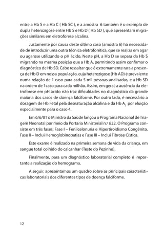 12
entre a Hb S e a Hb C ( Hb SC ), e a amostra 6 também é o exemplo de
dupla heterozigose entre Hb S e Hb D ( Hb SD ), que apresentam migra-
ções similares em eletroforese alcalina.
Justamente por causa deste último caso (amostra 6) há necessida-
de de introduzir uma outra técnica eletroforética, que se realiza em agar
ou agarose utilizando o pH ácido. Neste pH, a Hb D se separa da Hb S
migrando na mesma posição que a Hb A, permitindo assim confirmar o
diagnóstico de Hb SD. Cabe ressaltar que é extremamente rara a presen-
ça de Hb D em nossa população, cuja heterozigose (Hb AD) é prevalente
numa relação de 1 caso para cada 5 mil pessoas analisadas, e a Hb SD
na ordem de 1caso para cada milhão. Assim, em geral, a ausência da ele-
troforese em pH ácido não traz dificuldades no diagnóstico da grande
maioria dos casos de doença falciforme. Por outro lado, é necessário a
dosagem de Hb Fetal pela desnaturação alcalina e da Hb A2
por eluição
especialmente para o caso 4.
Em 6/6/01 o Ministro da Saúde lançou o Programa Nacional deTria-
gem Neonatal por meio da Portaria Ministerial n.º 822. O Programa con-
siste em três fases: Fase I – Fenilcelonuria e Hipertiroidismo Congênito.
Fase II – Inclui Hemoglobinopatias e Fase III – Inclui Fibrose Cística.
Este exame é realizado na primeira semana de vida da criança, em
sangue total colhido do calcanhar (Teste do Pezinho).
Finalmente, para um diagnóstico laboratorial completo é impor-
tante a realização do hemograma.
A seguir, apresentamos um quadro sobre as principais característi-
cas laboratoriais dos diferentes tipos de doença falciforme.
 