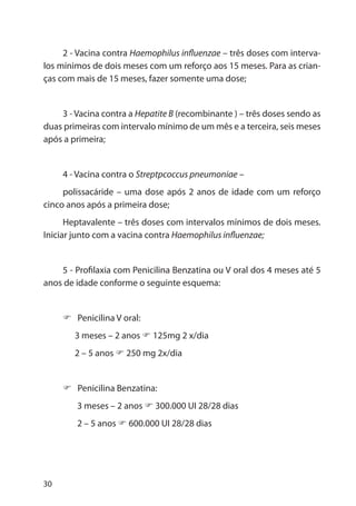 30
2 - Vacina contra Haemophilus influenzae – três doses com interva-
los mínimos de dois meses com um reforço aos 15 meses. Para as crian-
ças com mais de 15 meses, fazer somente uma dose;
3 - Vacina contra a Hepatite B (recombinante ) – três doses sendo as
duas primeiras com intervalo mínimo de um mês e a terceira, seis meses
após a primeira;
4 - Vacina contra o Streptpcoccus pneumoniae –
polissacáride – uma dose após 2 anos de idade com um reforço
cinco anos após a primeira dose;
Heptavalente – três doses com intervalos mínimos de dois meses.
Iniciar junto com a vacina contra Haemophilus influenzae;
5 - Profilaxia com Penicilina Benzatina ou V oral dos 4 meses até 5
anos de idade conforme o seguinte esquema:
Penicilina V oral:
3 meses – 2 anos 125mg 2 x/dia
2 – 5 anos 250 mg 2x/dia
Penicilina Benzatina:
3 meses – 2 anos 300.000 UI 28/28 dias
2 – 5 anos 600.000 UI 28/28 dias
 