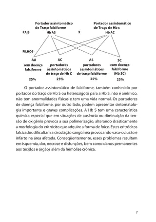 7
O portador assintomático de falciforme, também conhecido por
portador do traço de Hb S ou heterozigoto para a Hb S, não é anêmico,
não tem anormalidades físicas e tem uma vida normal. Os portadores
de doença falciforme, por outro lado, podem apresentar sintomatolo-
gia importante e graves complicações. A Hb S tem uma característica
química especial que em situações de ausência ou diminuição da ten-
são de oxigênio provoca a sua polimerização, alterando drasticamente
a morfologia do eritrócito que adquire a forma de foice. Estes eritrócitos
falcizados dificultam a circulação sangüínea provocando vaso-oclusão e
infarto na área afetada. Conseqüentemente, esses problemas resultam
em isquemia, dor, necrose e disfunções, bem como danos permanentes
aos tecidos e órgãos além da hemólise crônica.
Portador assintomático
de Traço falciforme
Portador assintomático
de Traço de Hb c
Hb ASPAIS
FILHOS
Hb ACX
AA AC AS SC
sem doença
falciforme
com doença
falciforme
(Hb SC)
portadores
assintomáticos
de traço falciforme
portadores
assintomáticos
de traço de Hb C
25%25%25%25%
 