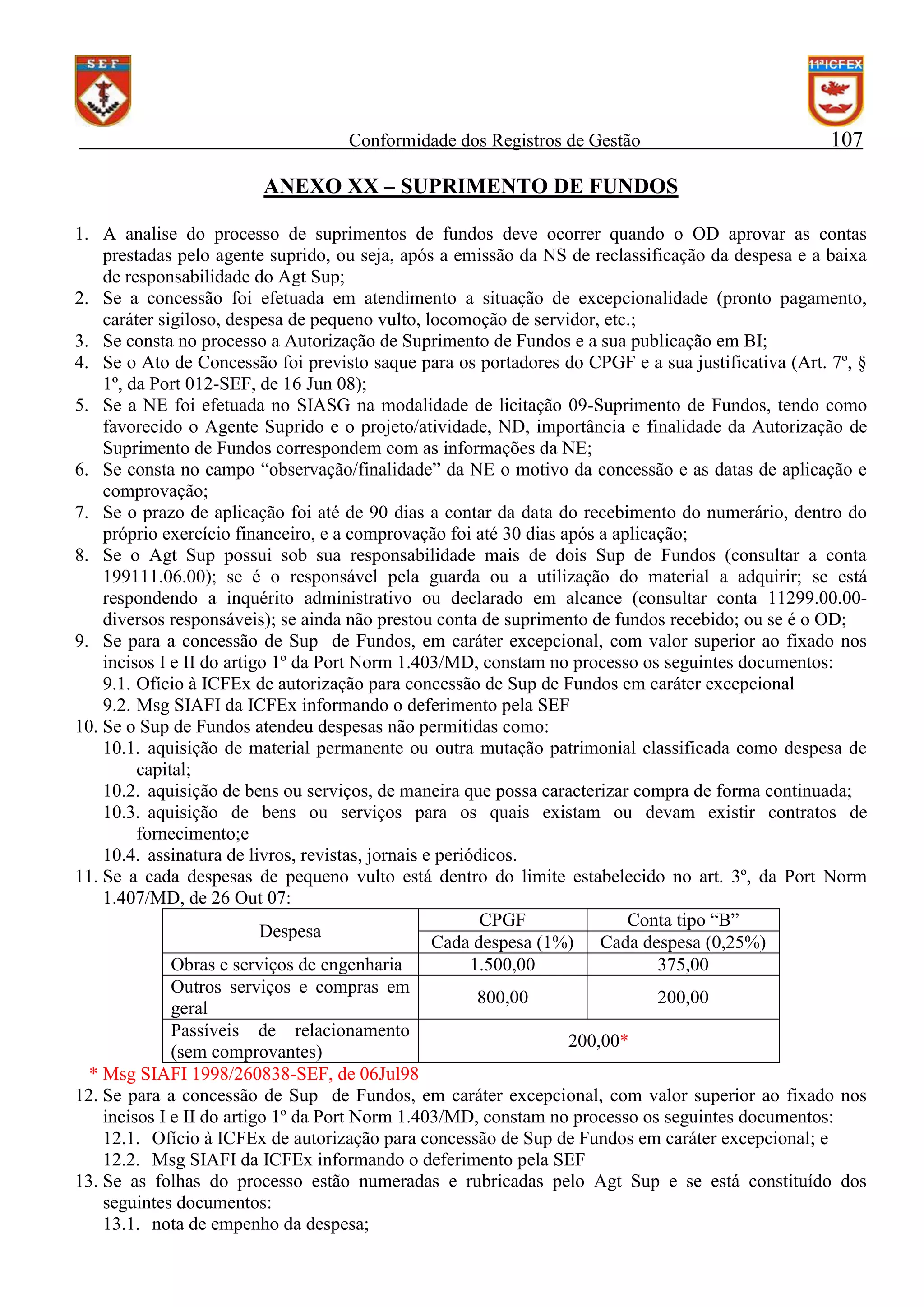 Conformidade dos Registros de Gestão

107

ANEXO XX – SUPRIMENTO DE FUNDOS
1. A analise do processo de suprimentos de fundos deve ocorrer quando o OD aprovar as contas
prestadas pelo agente suprido, ou seja, após a emissão da NS de reclassificação da despesa e a baixa
de responsabilidade do Agt Sup;
2. Se a concessão foi efetuada em atendimento a situação de excepcionalidade (pronto pagamento,
caráter sigiloso, despesa de pequeno vulto, locomoção de servidor, etc.;
3. Se consta no processo a Autorização de Suprimento de Fundos e a sua publicação em BI;
4. Se o Ato de Concessão foi previsto saque para os portadores do CPGF e a sua justificativa (Art. 7º, §
1º, da Port 012-SEF, de 16 Jun 08);
5. Se a NE foi efetuada no SIASG na modalidade de licitação 09-Suprimento de Fundos, tendo como
favorecido o Agente Suprido e o projeto/atividade, ND, importância e finalidade da Autorização de
Suprimento de Fundos correspondem com as informações da NE;
6. Se consta no campo “observação/finalidade” da NE o motivo da concessão e as datas de aplicação e
comprovação;
7. Se o prazo de aplicação foi até de 90 dias a contar da data do recebimento do numerário, dentro do
próprio exercício financeiro, e a comprovação foi até 30 dias após a aplicação;
8. Se o Agt Sup possui sob sua responsabilidade mais de dois Sup de Fundos (consultar a conta
199111.06.00); se é o responsável pela guarda ou a utilização do material a adquirir; se está
respondendo a inquérito administrativo ou declarado em alcance (consultar conta 11299.00.00diversos responsáveis); se ainda não prestou conta de suprimento de fundos recebido; ou se é o OD;
9. Se para a concessão de Sup de Fundos, em caráter excepcional, com valor superior ao fixado nos
incisos I e II do artigo 1º da Port Norm 1.403/MD, constam no processo os seguintes documentos:
9.1. Ofício à ICFEx de autorização para concessão de Sup de Fundos em caráter excepcional
9.2. Msg SIAFI da ICFEx informando o deferimento pela SEF
10. Se o Sup de Fundos atendeu despesas não permitidas como:
10.1. aquisição de material permanente ou outra mutação patrimonial classificada como despesa de
capital;
10.2. aquisição de bens ou serviços, de maneira que possa caracterizar compra de forma continuada;
10.3. aquisição de bens ou serviços para os quais existam ou devam existir contratos de
fornecimento;e
10.4. assinatura de livros, revistas, jornais e periódicos.
11. Se a cada despesas de pequeno vulto está dentro do limite estabelecido no art. 3º, da Port Norm
1.407/MD, de 26 Out 07:
CPGF
Conta tipo “B”
Despesa
Cada despesa (1%) Cada despesa (0,25%)
Obras e serviços de engenharia
1.500,00
375,00
Outros serviços e compras em
800,00
200,00
geral
Passíveis de relacionamento
200,00*
(sem comprovantes)
* Msg SIAFI 1998/260838-SEF, de 06Jul98
12. Se para a concessão de Sup de Fundos, em caráter excepcional, com valor superior ao fixado nos
incisos I e II do artigo 1º da Port Norm 1.403/MD, constam no processo os seguintes documentos:
12.1. Ofício à ICFEx de autorização para concessão de Sup de Fundos em caráter excepcional; e
12.2. Msg SIAFI da ICFEx informando o deferimento pela SEF
13. Se as folhas do processo estão numeradas e rubricadas pelo Agt Sup e se está constituído dos
seguintes documentos:
13.1. nota de empenho da despesa;

 