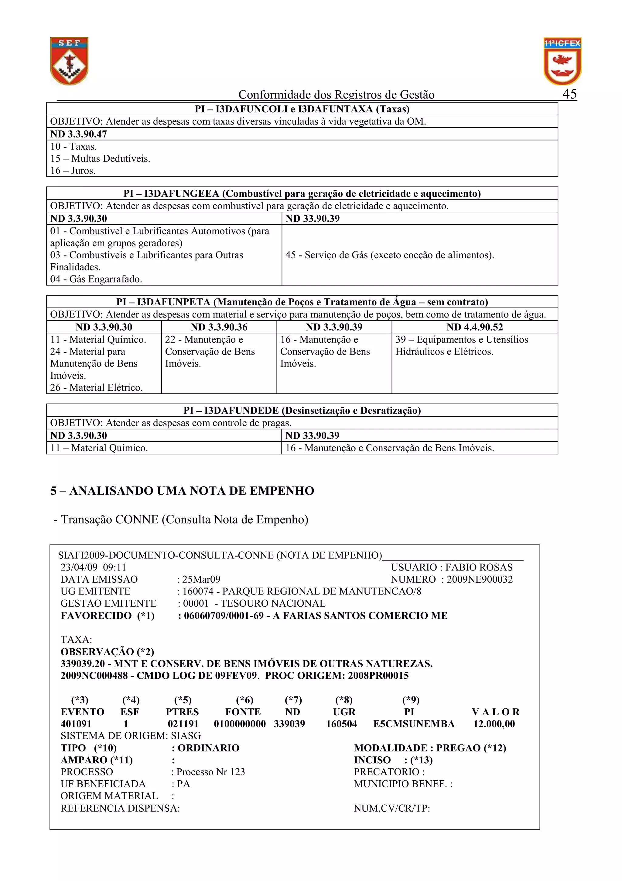45

Conformidade dos Registros de Gestão
PI – I3DAFUNCOLI e I3DAFUNTAXA (Taxas)
OBJETIVO: Atender as despesas com taxas diversas vinculadas à vida vegetativa da OM.
ND 3.3.90.47
10 - Taxas.
15 – Multas Dedutíveis.
16 – Juros.
PI – I3DAFUNGEEA (Combustível para geração de eletricidade e aquecimento)
OBJETIVO: Atender as despesas com combustível para geração de eletricidade e aquecimento.
ND 3.3.90.30
ND 33.90.39
01 - Combustível e Lubrificantes Automotivos (para
aplicação em grupos geradores)
03 - Combustíveis e Lubrificantes para Outras
45 - Serviço de Gás (exceto cocção de alimentos).
Finalidades.
04 - Gás Engarrafado.
PI – I3DAFUNPETA (Manutenção de Poços e Tratamento de Água – sem contrato)
OBJETIVO: Atender as despesas com material e serviço para manutenção de poços, bem como de tratamento de água.
ND 3.3.90.30
ND 3.3.90.36
ND 3.3.90.39
ND 4.4.90.52
11 - Material Químico.
22 - Manutenção e
16 - Manutenção e
39 – Equipamentos e Utensílios
24 - Material para
Conservação de Bens
Conservação de Bens
Hidráulicos e Elétricos.
Manutenção de Bens
Imóveis.
Imóveis.
Imóveis.
26 - Material Elétrico.
PI – I3DAFUNDEDE (Desinsetização e Desratização)
OBJETIVO: Atender as despesas com controle de pragas.
ND 3.3.90.30
ND 33.90.39
11 – Material Químico.
16 - Manutenção e Conservação de Bens Imóveis.

5 – ANALISANDO UMA NOTA DE EMPENHO
- Transação CONNE (Consulta Nota de Empenho)
SIAFI2009-DOCUMENTO-CONSULTA-CONNE (NOTA DE EMPENHO)___________________________
23/04/09 09:11
USUARIO : FABIO ROSAS
DATA EMISSAO
: 25Mar09
NUMERO : 2009NE900032
UG EMITENTE
: 160074 - PARQUE REGIONAL DE MANUTENCAO/8
GESTAO EMITENTE
: 00001 - TESOURO NACIONAL
FAVORECIDO (*1)
: 06060709/0001-69 - A FARIAS SANTOS COMERCIO ME
TAXA:
OBSERVAÇÃO (*2)
339039.20 - MNT E CONSERV. DE BENS IMÓVEIS DE OUTRAS NATUREZAS.
2009NC000488 - CMDO LOG DE 09FEV09. PROC ORIGEM: 2008PR00015
(*3)
(*4)
(*5)
(*6)
(*7)
EVENTO
ESF
PTRES
FONTE
ND
401091
1
021191 0100000000 339039
SISTEMA DE ORIGEM: SIASG
TIPO (*10)
: ORDINARIO
AMPARO (*11)
:
PROCESSO
: Processo Nr 123
UF BENEFICIADA
: PA
ORIGEM MATERIAL :
REFERENCIA DISPENSA:

(*8)
UGR
160504

(*9)
PI
E5CMSUNEMBA

VALOR
12.000,00

MODALIDADE : PREGAO (*12)
INCISO : (*13)
PRECATORIO :
MUNICIPIO BENEF. :
NUM.CV/CR/TP:

 
