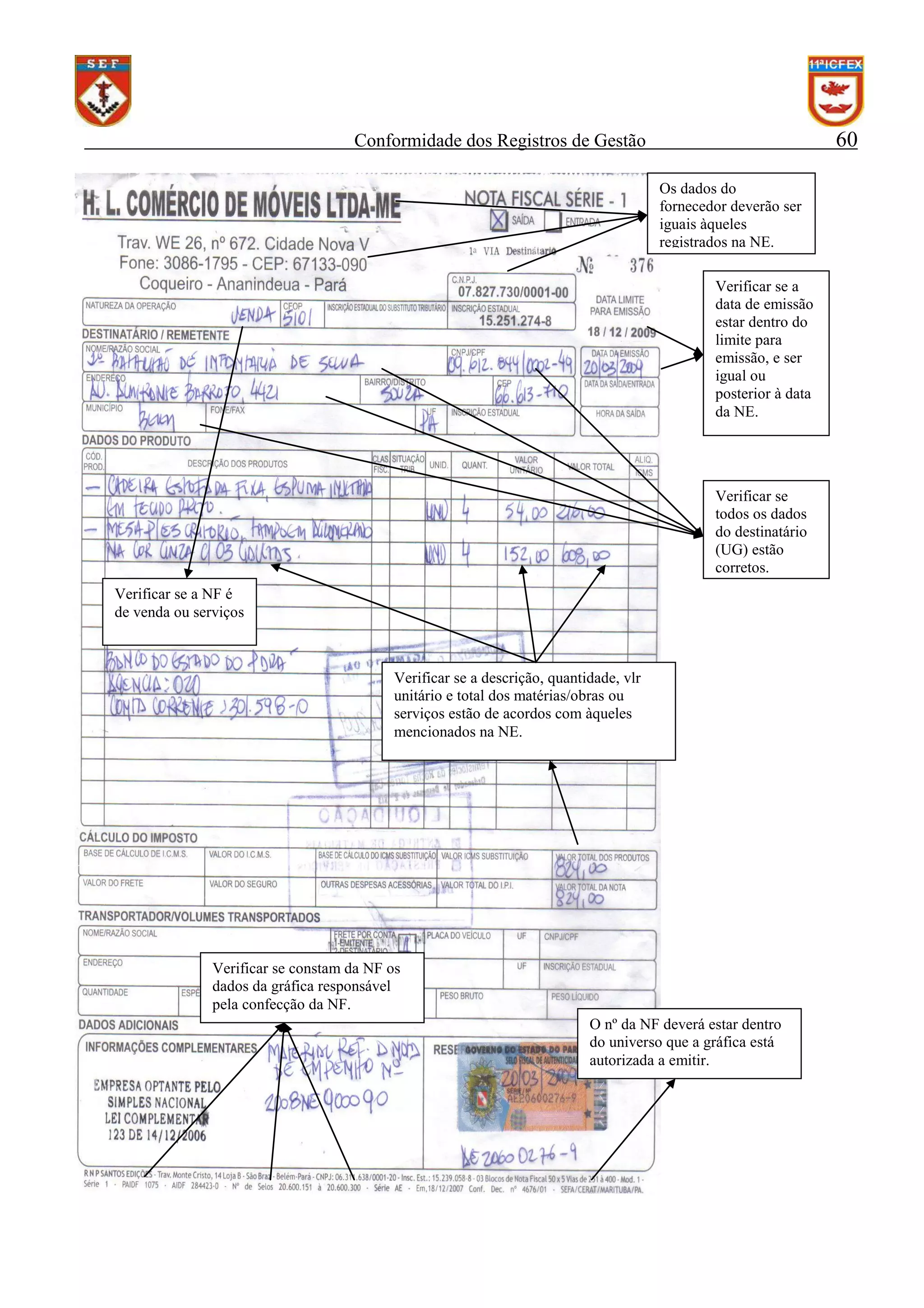 60

Conformidade dos Registros de Gestão
Os dados do
fornecedor deverão ser
iguais àqueles
registrados na NE.
Verificar se a
data de emissão
estar dentro do
limite para
emissão, e ser
igual ou
posterior à data
da NE.

Verificar se
todos os dados
do destinatário
(UG) estão
corretos.
Verificar se a NF é
de venda ou serviços

Verificar se a descrição, quantidade, vlr
unitário e total dos matérias/obras ou
serviços estão de acordos com àqueles
mencionados na NE.

Verificar se constam da NF os
dados da gráfica responsável
pela confecção da NF.
O nº da NF deverá estar dentro
do universo que a gráfica está
autorizada a emitir.

 