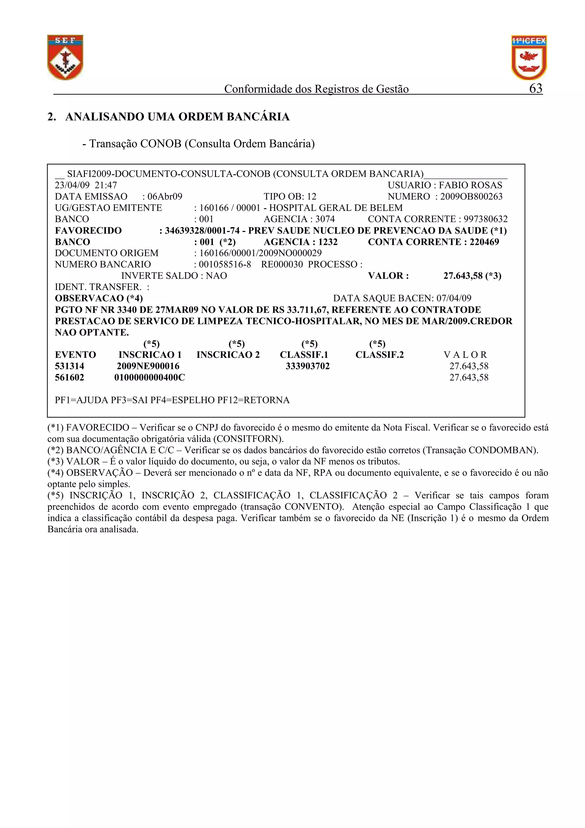Conformidade dos Registros de Gestão

63

2. ANALISANDO UMA ORDEM BANCÁRIA
- Transação CONOB (Consulta Ordem Bancária)
__ SIAFI2009-DOCUMENTO-CONSULTA-CONOB (CONSULTA ORDEM BANCARIA)_________________
23/04/09 21:47
USUARIO : FABIO ROSAS
DATA EMISSAO
: 06Abr09
TIPO OB: 12
NUMERO : 2009OB800263
UG/GESTAO EMITENTE
: 160166 / 00001 - HOSPITAL GERAL DE BELEM
BANCO
: 001
AGENCIA : 3074
CONTA CORRENTE : 997380632
FAVORECIDO
: 34639328/0001-74 - PREV SAUDE NUCLEO DE PREVENCAO DA SAUDE (*1)
BANCO
: 001 (*2)
AGENCIA : 1232
CONTA CORRENTE : 220469
DOCUMENTO ORIGEM
: 160166/00001/2009NO000029
NUMERO BANCARIO
: 001058516-8 RE000030 PROCESSO :
INVERTE SALDO : NAO
VALOR :
27.643,58 (*3)
IDENT. TRANSFER. :
OBSERVACAO (*4)
DATA SAQUE BACEN: 07/04/09
PGTO NF NR 3340 DE 27MAR09 NO VALOR DE RS 33.711,67, REFERENTE AO CONTRATODE
PRESTACAO DE SERVICO DE LIMPEZA TECNICO-HOSPITALAR, NO MES DE MAR/2009.CREDOR
NAO OPTANTE.
(*5)
(*5)
(*5)
(*5)
EVENTO
INSCRICAO 1 INSCRICAO 2
CLASSIF.1
CLASSIF.2
VALOR
531314
2009NE900016
333903702
27.643,58
561602
0100000000400C
27.643,58
PF1=AJUDA PF3=SAI PF4=ESPELHO PF12=RETORNA
(*1) FAVORECIDO – Verificar se o CNPJ do favorecido é o mesmo do emitente da Nota Fiscal. Verificar se o favorecido está
com sua documentação obrigatória válida (CONSITFORN).
(*2) BANCO/AGÊNCIA E C/C – Verificar se os dados bancários do favorecido estão corretos (Transação CONDOMBAN).
(*3) VALOR – É o valor líquido do documento, ou seja, o valor da NF menos os tributos.
(*4) OBSERVAÇÃO – Deverá ser mencionado o nº e data da NF, RPA ou documento equivalente, e se o favorecido é ou não
optante pelo simples.
(*5) INSCRIÇÃO 1, INSCRIÇÃO 2, CLASSIFICAÇÃO 1, CLASSIFICAÇÃO 2 – Verificar se tais campos foram
preenchidos de acordo com evento empregado (transação CONVENTO). Atenção especial ao Campo Classificação 1 que
indica a classificação contábil da despesa paga. Verificar também se o favorecido da NE (Inscrição 1) é o mesmo da Ordem
Bancária ora analisada.

 