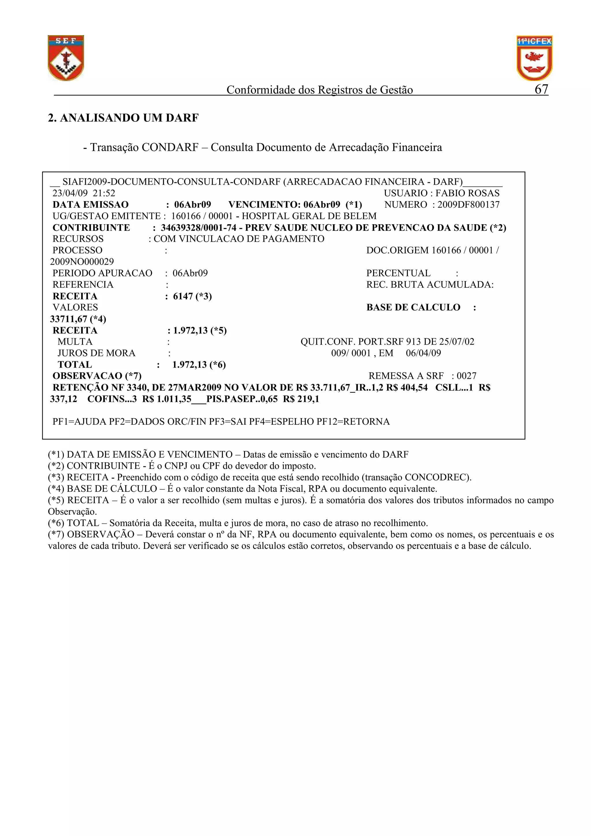 Conformidade dos Registros de Gestão

67

2. ANALISANDO UM DARF
- Transação CONDARF – Consulta Documento de Arrecadação Financeira
__ SIAFI2009-DOCUMENTO-CONSULTA-CONDARF (ARRECADACAO FINANCEIRA - DARF)________
23/04/09 21:52
USUARIO : FABIO ROSAS
DATA EMISSAO
: 06Abr09
VENCIMENTO: 06Abr09 (*1)
NUMERO : 2009DF800137
UG/GESTAO EMITENTE : 160166 / 00001 - HOSPITAL GERAL DE BELEM
CONTRIBUINTE
: 34639328/0001-74 - PREV SAUDE NUCLEO DE PREVENCAO DA SAUDE (*2)
RECURSOS
: COM VINCULACAO DE PAGAMENTO
PROCESSO
:
DOC.ORIGEM 160166 / 00001 /
2009NO000029
PERIODO APURACAO : 06Abr09
PERCENTUAL
:
REFERENCIA
:
REC. BRUTA ACUMULADA:
RECEITA
: 6147 (*3)
VALORES
BASE DE CALCULO :
33711,67 (*4)
RECEITA
: 1.972,13 (*5)
MULTA
:
QUIT.CONF. PORT.SRF 913 DE 25/07/02
JUROS DE MORA
:
009/ 0001 , EM 06/04/09
TOTAL
: 1.972,13 (*6)
OBSERVACAO (*7)
REMESSA A SRF : 0027
RETENÇÃO NF 3340, DE 27MAR2009 NO VALOR DE R$ 33.711,67_IR..1,2 R$ 404,54 CSLL...1 R$
337,12 COFINS...3 R$ 1.011,35___PIS.PASEP..0,65 R$ 219,1
PF1=AJUDA PF2=DADOS ORC/FIN PF3=SAI PF4=ESPELHO PF12=RETORNA
(*1) DATA DE EMISSÃO E VENCIMENTO – Datas de emissão e vencimento do DARF
(*2) CONTRIBUINTE - É o CNPJ ou CPF do devedor do imposto.
(*3) RECEITA - Preenchido com o código de receita que está sendo recolhido (transação CONCODREC).
(*4) BASE DE CÁLCULO – É o valor constante da Nota Fiscal, RPA ou documento equivalente.
(*5) RECEITA – É o valor a ser recolhido (sem multas e juros). É a somatória dos valores dos tributos informados no campo
Observação.
(*6) TOTAL – Somatória da Receita, multa e juros de mora, no caso de atraso no recolhimento.
(*7) OBSERVAÇÃO – Deverá constar o nº da NF, RPA ou documento equivalente, bem como os nomes, os percentuais e os
valores de cada tributo. Deverá ser verificado se os cálculos estão corretos, observando os percentuais e a base de cálculo.

 