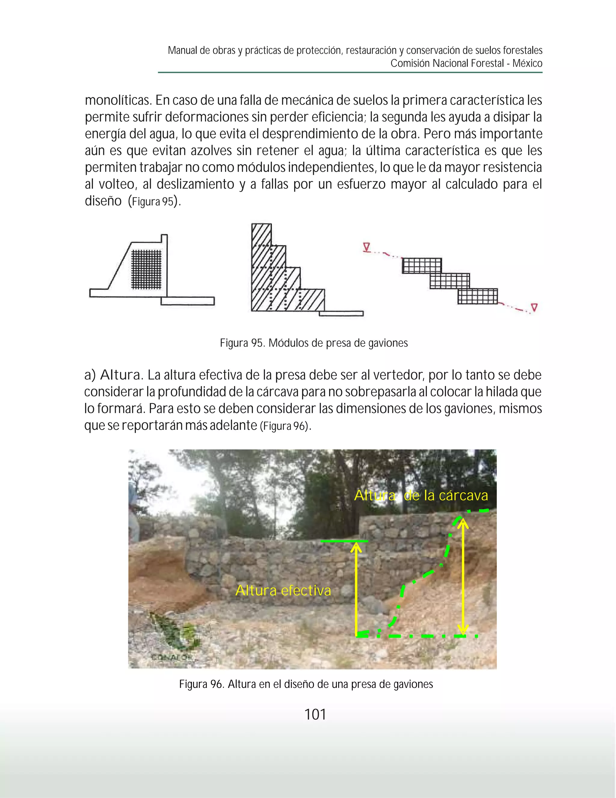 Manual de obras y prácticas de protección, restauración y conservación de suelos forestales
                                                                     Comisión Nacional Forestal - México


monolíticas. En caso de una falla de mecánica de suelos la primera característica les
permite sufrir deformaciones sin perder eficiencia; la segunda les ayuda a disipar la
energía del agua, lo que evita el desprendimiento de la obra. Pero más importante
aún es que evitan azolves sin retener el agua; la última característica es que les
permiten trabajar no como módulos independientes, lo que le da mayor resistencia
al volteo, al deslizamiento y a fallas por un esfuerzo mayor al calculado para el
diseño (Figura 95).




                           Figura 95. Módulos de presa de gaviones

a) Altura. La altura efectiva de la presa debe ser al vertedor, por lo tanto se debe
considerar la profundidad de la cárcava para no sobrepasarla al colocar la hilada que
lo formará. Para esto se deben considerar las dimensiones de los gaviones, mismos
que se reportarán más adelante (Figura 96).




                                                            Altura de la cárcava




                               Altura efectiva




                 Figura 96. Altura en el diseño de una presa de gaviones

                                                101
 