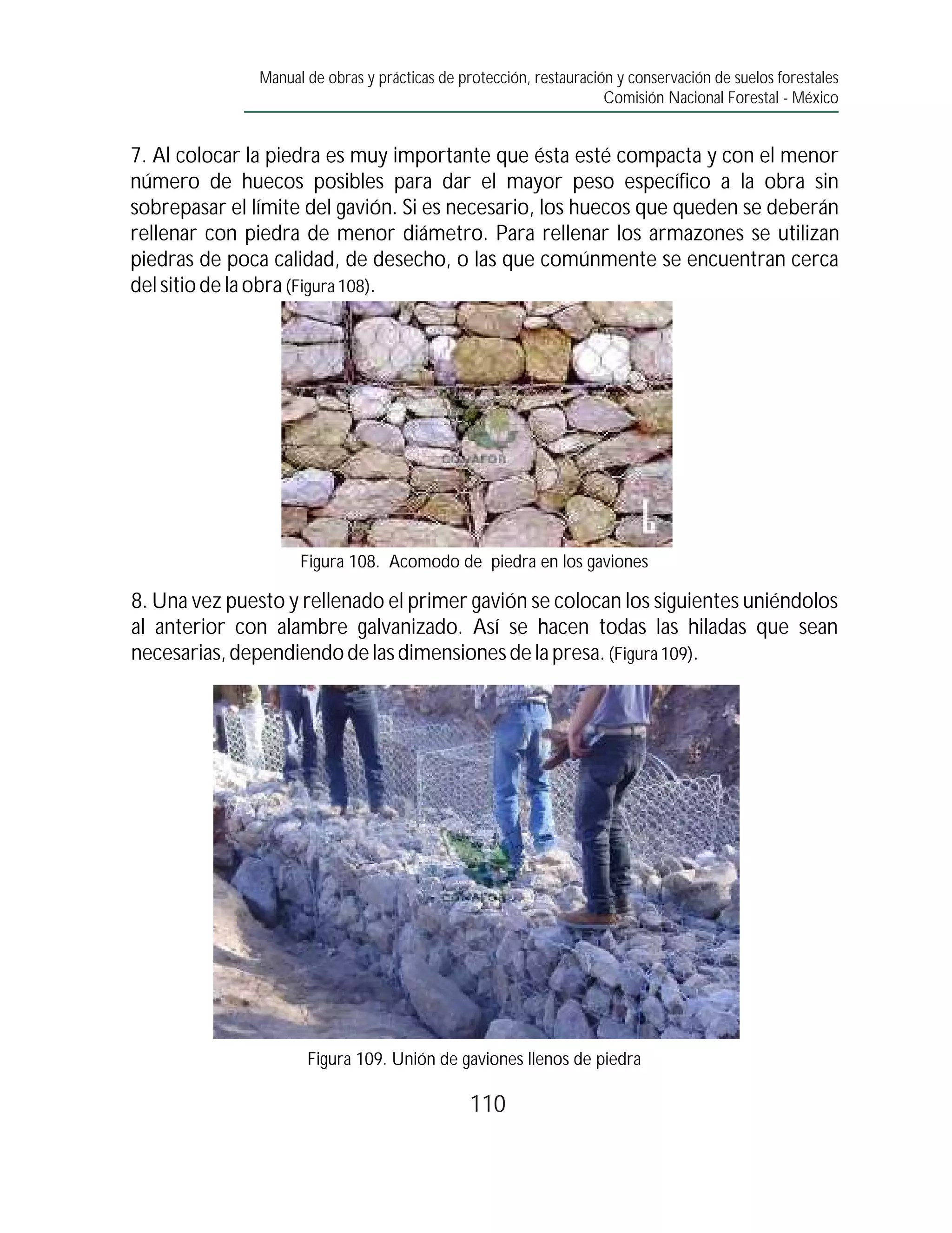 Manual de obras y prácticas de protección, restauración y conservación de suelos forestales
                                                                     Comisión Nacional Forestal - México


7. Al colocar la piedra es muy importante que ésta esté compacta y con el menor
número de huecos posibles para dar el mayor peso específico a la obra sin
sobrepasar el límite del gavión. Si es necesario, los huecos que queden se deberán
rellenar con piedra de menor diámetro. Para rellenar los armazones se utilizan
piedras de poca calidad, de desecho, o las que comúnmente se encuentran cerca
del sitio de la obra (Figura 108).




                     Figura 108. Acomodo de piedra en los gaviones

8. Una vez puesto y rellenado el primer gavión se colocan los siguientes uniéndolos
al anterior con alambre galvanizado. Así se hacen todas las hiladas que sean
necesarias, dependiendo de las dimensiones de la presa. (Figura 109).




                      Figura 109. Unión de gaviones llenos de piedra

                                                110
 