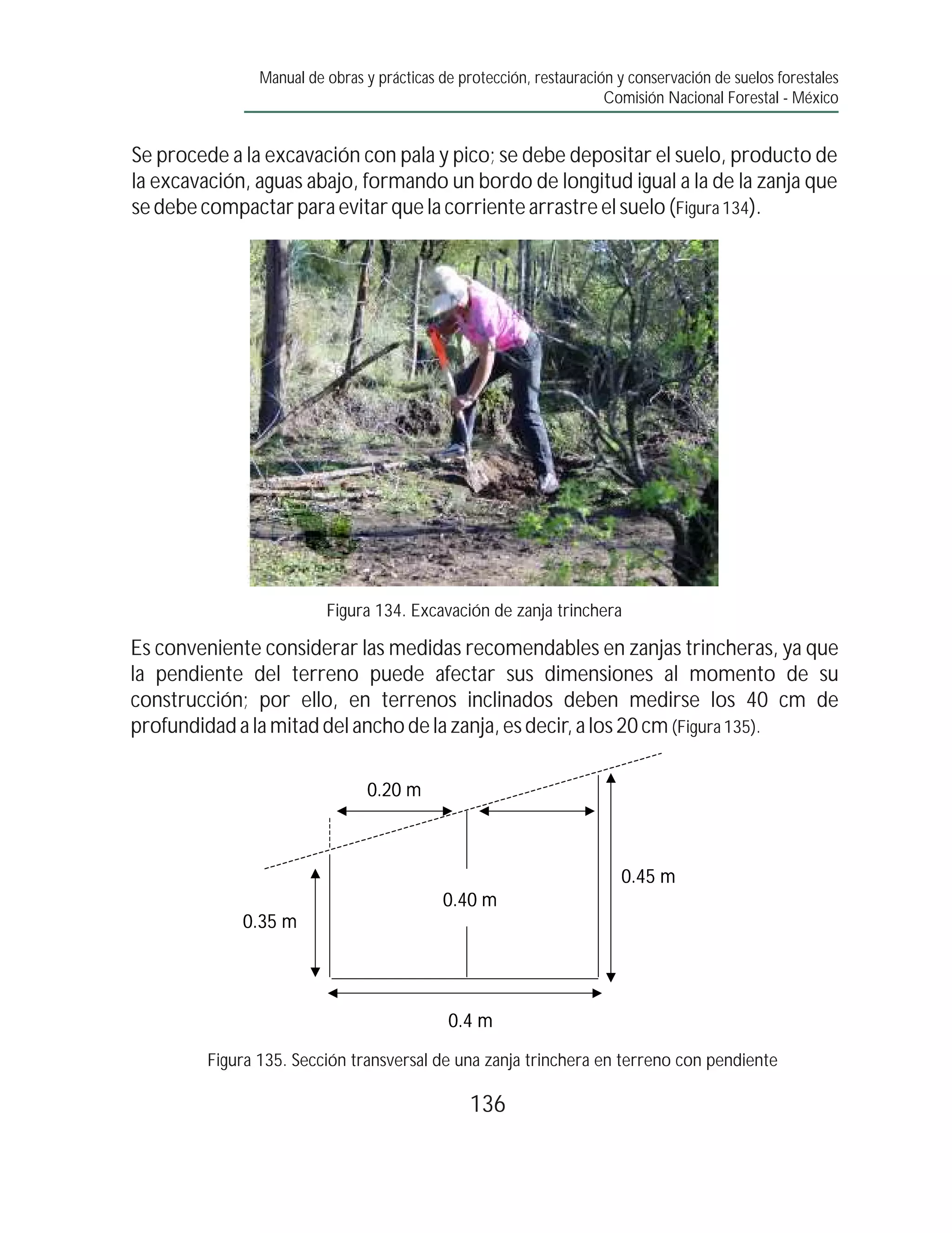 Manual de obras y prácticas de protección, restauración y conservación de suelos forestales
                                                                      Comisión Nacional Forestal - México


Se procede a la excavación con pala y pico; se debe depositar el suelo, producto de
la excavación, aguas abajo, formando un bordo de longitud igual a la de la zanja que
se debe compactar para evitar que la corriente arrastre el suelo (Figura 134).




                          Figura 134. Excavación de zanja trinchera

Es conveniente considerar las medidas recomendables en zanjas trincheras, ya que
la pendiente del terreno puede afectar sus dimensiones al momento de su
construcción; por ello, en terrenos inclinados deben medirse los 40 cm de
profundidad a la mitad del ancho de la zanja, es decir, a los 20 cm (Figura 135).

                                0.20 m



                                                                        0.45 m
                                            0.40 m
             0.35 m




                                             0.4 m

         Figura 135. Sección transversal de una zanja trinchera en terreno con pendiente

                                                 136
 
