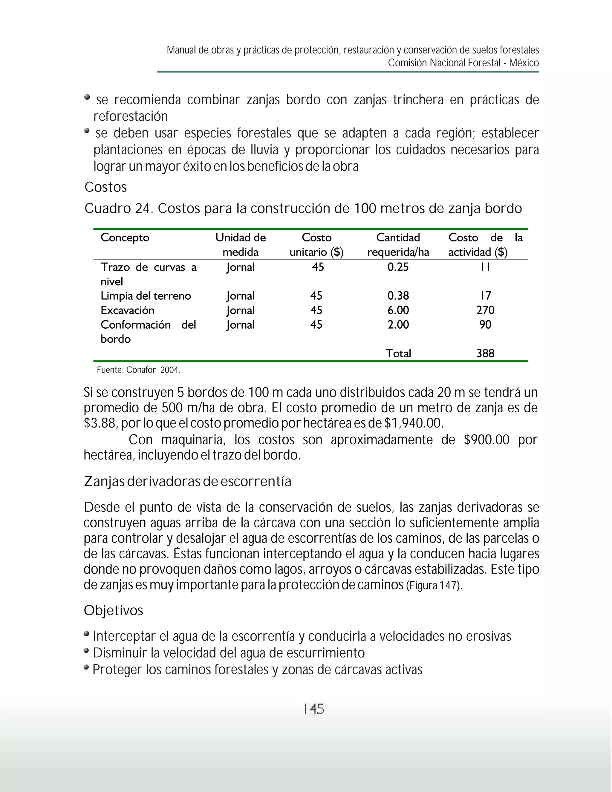 Manual de obras y prácticas de protección, restauración y conservación de suelos forestales
                                                                         Comisión Nacional Forestal - México


  se recomienda combinar zanjas bordo con zanjas trinchera en prácticas de
 reforestación
  se deben usar especies forestales que se adapten a cada región; establecer
 plantaciones en épocas de lluvia y proporcionar los cuidados necesarios para
 lograr un mayor éxito en los beneficios de la obra
Costos
Cuadro 24. Costos para la construcción de 100 metros de zanja bordo




  Fuente: Conafor 2004.

Si se construyen 5 bordos de 100 m cada uno distribuidos cada 20 m se tendrá un
promedio de 500 m/ha de obra. El costo promedio de un metro de zanja es de
$3.88, por lo que el costo promedio por hectárea es de $1,940.00.
        Con maquinaria, los costos son aproximadamente de $900.00 por
hectárea, incluyendo el trazo del bordo.
Zanjas derivadoras de escorrentía
Desde el punto de vista de la conservación de suelos, las zanjas derivadoras se
construyen aguas arriba de la cárcava con una sección lo suficientemente amplia
para controlar y desalojar el agua de escorrentías de los caminos, de las parcelas o
de las cárcavas. Éstas funcionan interceptando el agua y la conducen hacia lugares
donde no provoquen daños como lagos, arroyos o cárcavas estabilizadas. Este tipo
de zanjas es muy importante para la protección de caminos (Figura 147).
Objetivos
 Interceptar el agua de la escorrentía y conducirla a velocidades no erosivas
 Disminuir la velocidad del agua de escurrimiento
 Proteger los caminos forestales y zonas de cárcavas activas

                                                    145
 