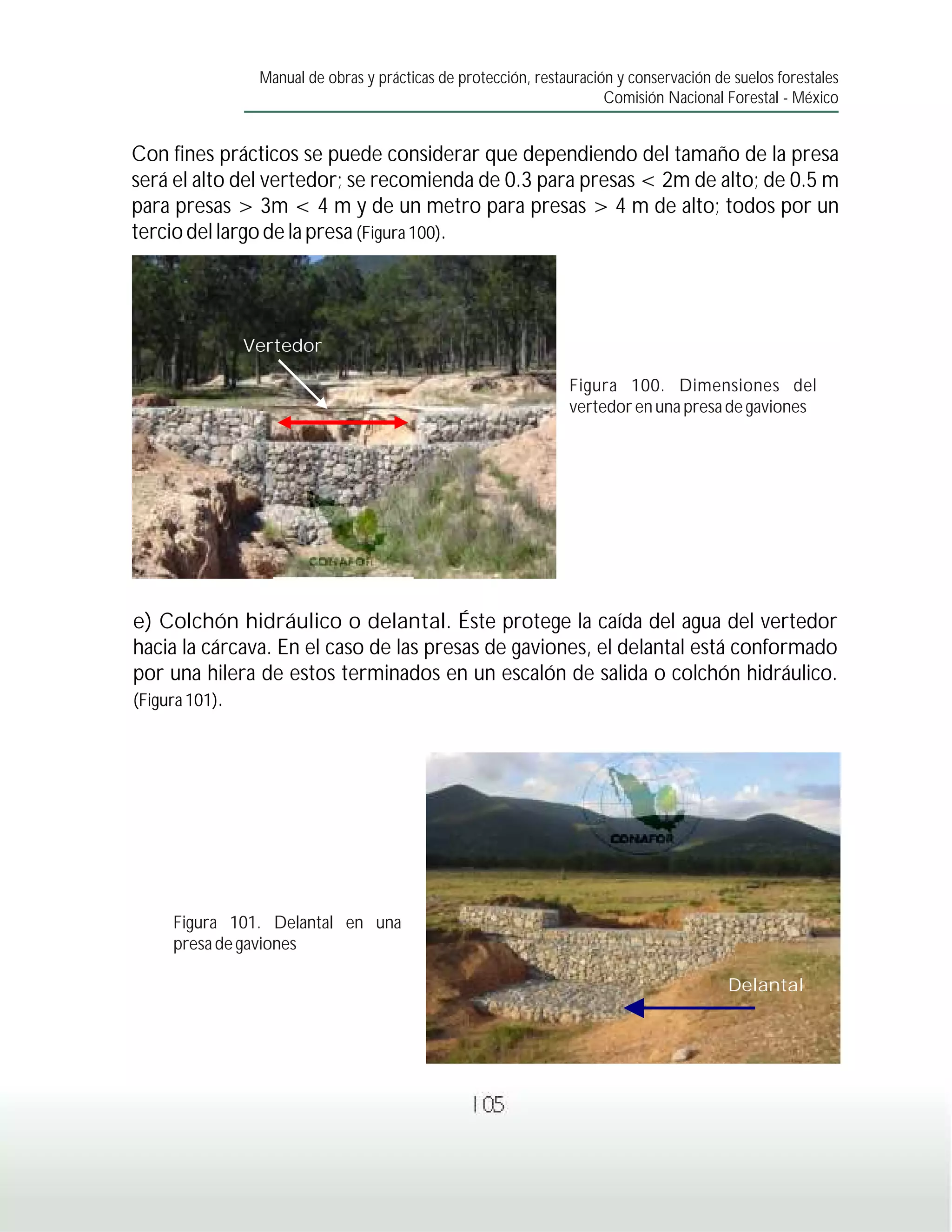 Manual de obras y prácticas de protección, restauración y conservación de suelos forestales
                                                                      Comisión Nacional Forestal - México


Con fines prácticos se puede considerar que dependiendo del tamaño de la presa
será el alto del vertedor; se recomienda de 0.3 para presas < 2m de alto; de 0.5 m
para presas > 3m < 4 m y de un metro para presas > 4 m de alto; todos por un
tercio del largo de la presa (Figura 100).




              Vertedor
100
                                                                Figura 100. Dimensiones del
                                                                vertedor en una presa de gaviones




e) Colchón hidráulico o delantal. Éste protege la caída del agua del vertedor
hacia la cárcava. En el caso de las presas de gaviones, el delantal está conformado
por una hilera de estos terminados en un escalón de salida o colchón hidráulico.
(Figura 101).




      Figura 101. Delantal en una
      presa de gaviones

                                                                                         Delantal




                                                 105
 