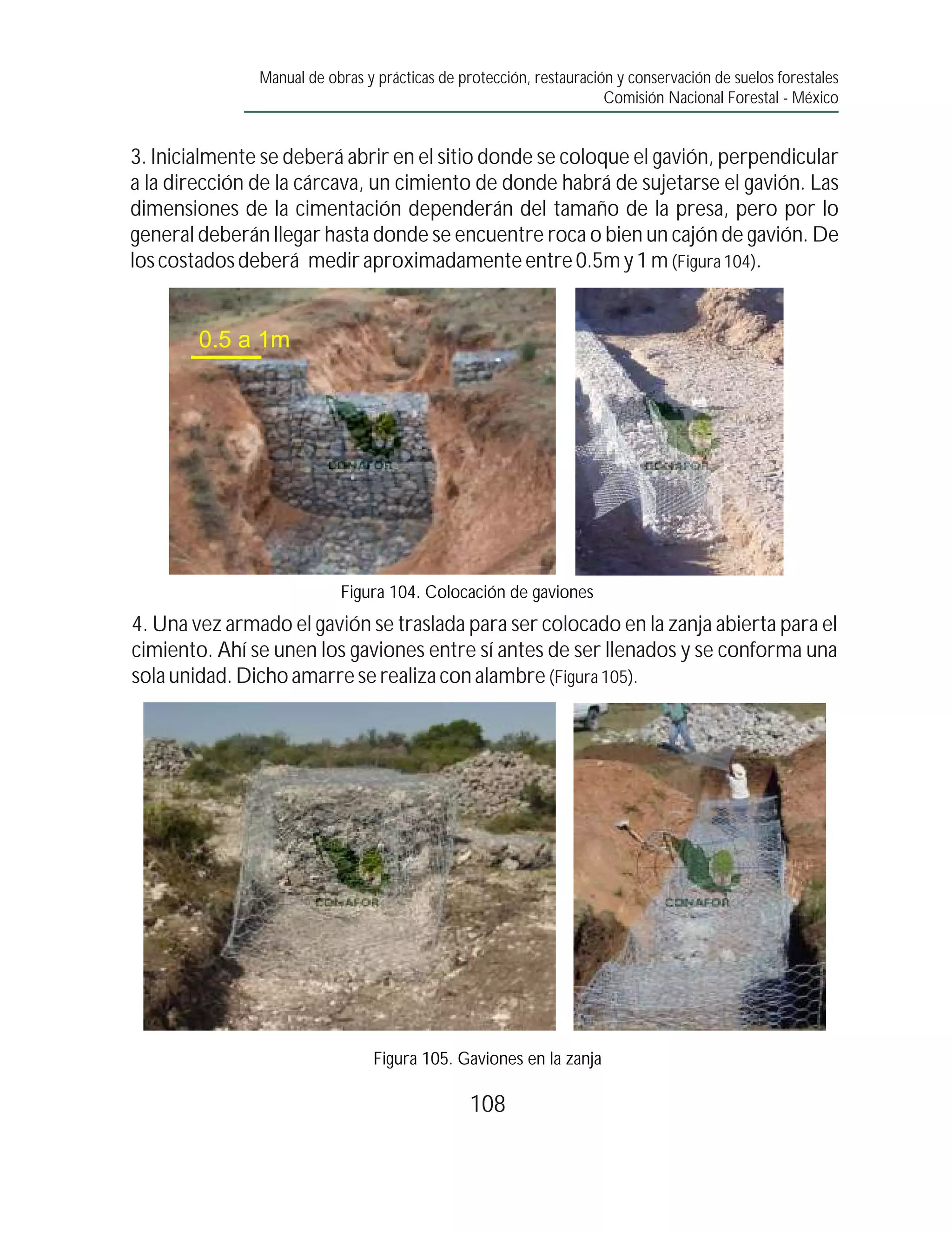 Manual de obras y prácticas de protección, restauración y conservación de suelos forestales
                                                                     Comisión Nacional Forestal - México


3. Inicialmente se deberá abrir en el sitio donde se coloque el gavión, perpendicular
a la dirección de la cárcava, un cimiento de donde habrá de sujetarse el gavión. Las
dimensiones de la cimentación dependerán del tamaño de la presa, pero por lo
general deberán llegar hasta donde se encuentre roca o bien un cajón de gavión. De
los costados deberá medir aproximadamente entre 0.5m y 1 m (Figura 104).


        0.5 a 1m




                           Figura 104. Colocación de gaviones
4. Una vez armado el gavión se traslada para ser colocado en la zanja abierta para el
cimiento. Ahí se unen los gaviones entre sí antes de ser llenados y se conforma una
sola unidad. Dicho amarre se realiza con alambre (Figura 105).




                                Figura 105. Gaviones en la zanja

                                                108
 