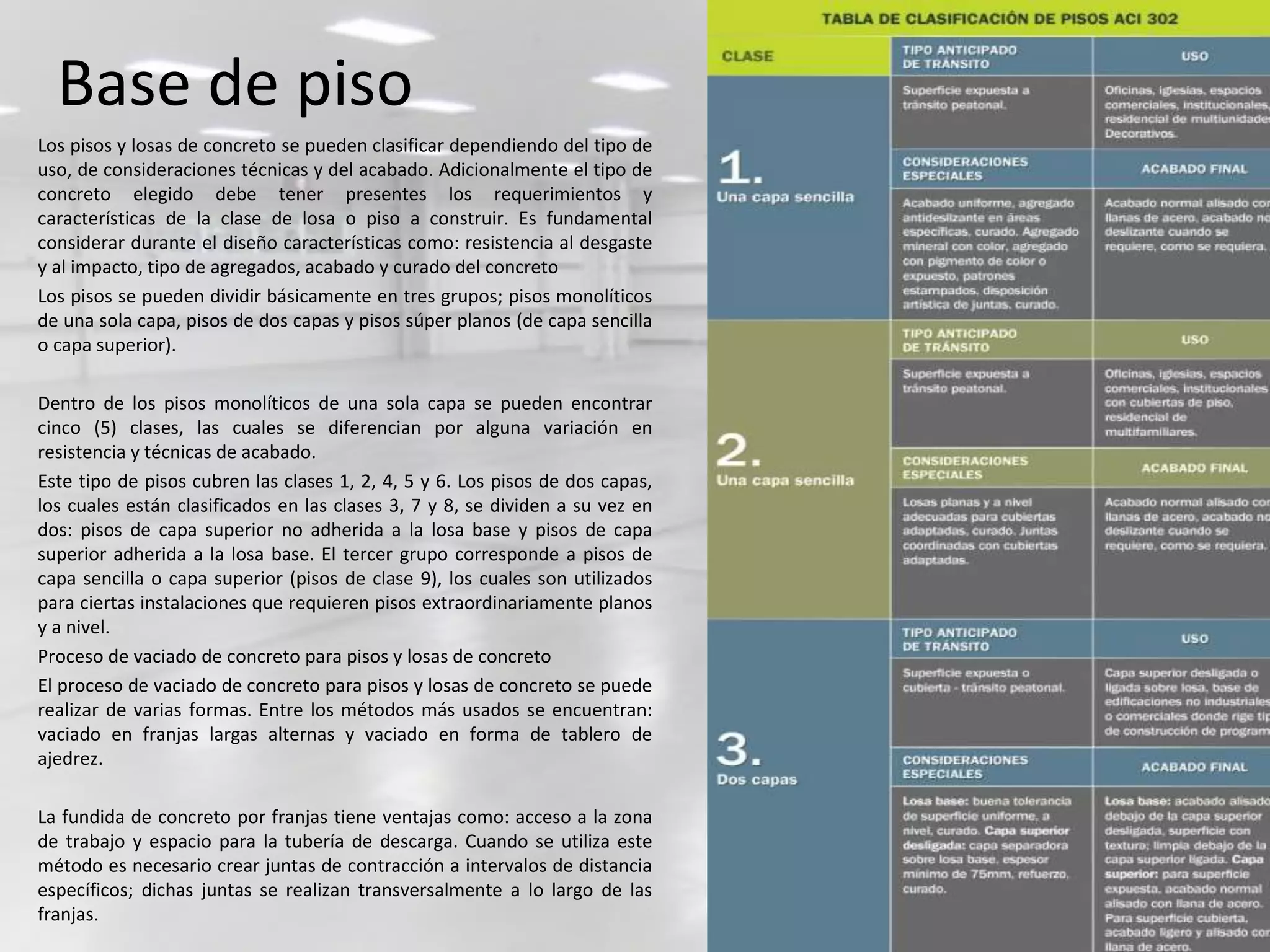 Base de piso
Los pisos y losas de concreto se pueden clasificar dependiendo del tipo de
uso, de consideraciones técnicas y del acabado. Adicionalmente el tipo de
concreto elegido debe tener presentes los requerimientos y
características de la clase de losa o piso a construir. Es fundamental
considerar durante el diseño características como: resistencia al desgaste
y al impacto, tipo de agregados, acabado y curado del concreto
Los pisos se pueden dividir básicamente en tres grupos; pisos monolíticos
de una sola capa, pisos de dos capas y pisos súper planos (de capa sencilla
o capa superior).
Dentro de los pisos monolíticos de una sola capa se pueden encontrar
cinco (5) clases, las cuales se diferencian por alguna variación en
resistencia y técnicas de acabado.
Este tipo de pisos cubren las clases 1, 2, 4, 5 y 6. Los pisos de dos capas,
los cuales están clasificados en las clases 3, 7 y 8, se dividen a su vez en
dos: pisos de capa superior no adherida a la losa base y pisos de capa
superior adherida a la losa base. El tercer grupo corresponde a pisos de
capa sencilla o capa superior (pisos de clase 9), los cuales son utilizados
para ciertas instalaciones que requieren pisos extraordinariamente planos
y a nivel.
Proceso de vaciado de concreto para pisos y losas de concreto
El proceso de vaciado de concreto para pisos y losas de concreto se puede
realizar de varias formas. Entre los métodos más usados se encuentran:
vaciado en franjas largas alternas y vaciado en forma de tablero de
ajedrez.
La fundida de concreto por franjas tiene ventajas como: acceso a la zona
de trabajo y espacio para la tubería de descarga. Cuando se utiliza este
método es necesario crear juntas de contracción a intervalos de distancia
específicos; dichas juntas se realizan transversalmente a lo largo de las
franjas.
 