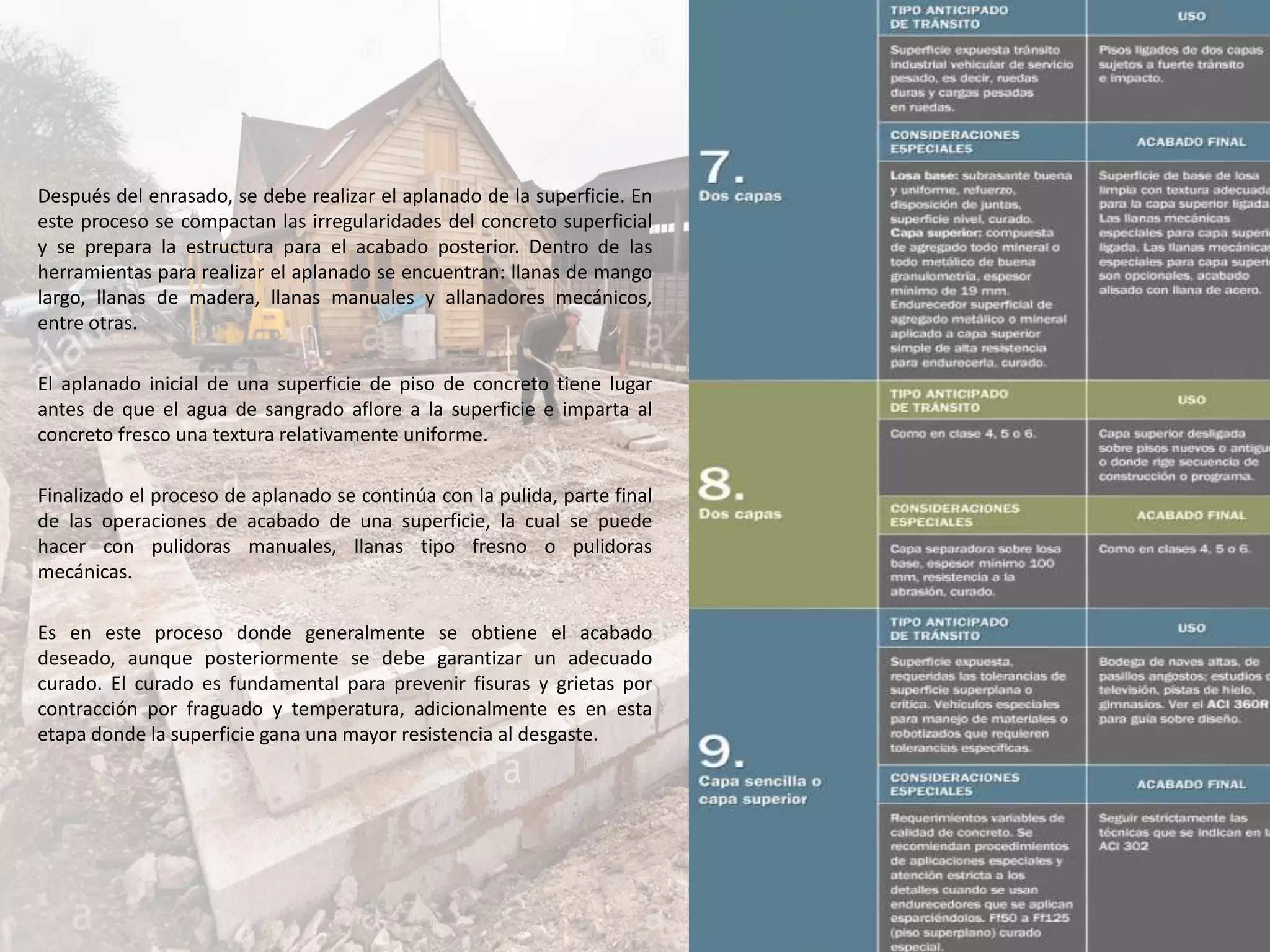 Después del enrasado, se debe realizar el aplanado de la superficie. En
este proceso se compactan las irregularidades del concreto superficial
y se prepara la estructura para el acabado posterior. Dentro de las
herramientas para realizar el aplanado se encuentran: llanas de mango
largo, llanas de madera, llanas manuales y allanadores mecánicos,
entre otras.
El aplanado inicial de una superficie de piso de concreto tiene lugar
antes de que el agua de sangrado aflore a la superficie e imparta al
concreto fresco una textura relativamente uniforme.
Finalizado el proceso de aplanado se continúa con la pulida, parte final
de las operaciones de acabado de una superficie, la cual se puede
hacer con pulidoras manuales, llanas tipo fresno o pulidoras
mecánicas.
Es en este proceso donde generalmente se obtiene el acabado
deseado, aunque posteriormente se debe garantizar un adecuado
curado. El curado es fundamental para prevenir fisuras y grietas por
contracción por fraguado y temperatura, adicionalmente es en esta
etapa donde la superficie gana una mayor resistencia al desgaste.
 