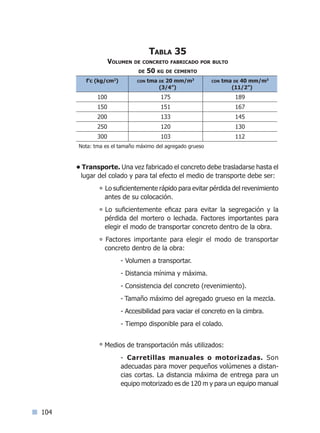 104
Tabla 35
Volumen de concreto fabricado por bulto
de 50 kg de cemento
f’c (kg/cm2
) con tma de 20 mm/m3
(3/4”)
con tma de 40 mm/m3
(11/2”)
100 175 189
150 151 167
200 133 145
250 120 130
300 103 112
Nota: tma es el tamaño máximo del agregado grueso
• Transporte. Una vez fabricado el concreto debe trasladarse hasta el
lugar del colado y para tal efecto el medio de transporte debe ser:
° Lo suficientemente rápido para evitar pérdida del revenimiento
antes de su colocación.	
° Lo suficientemente eficaz para evitar la segregación y la
pérdida del mortero o lechada. Factores importantes para
elegir el modo de transportar concreto dentro de la obra.
° Factores importante para elegir el modo de transportar
concreto dentro de la obra:
- Volumen a transportar.
- Distancia mínima y máxima.
- Consistencia del concreto (revenimiento).
- Tamaño máximo del agregado grueso en la mezcla.
- Accesibilidad para vaciar el concreto en la cimbra.
- Tiempo disponible para el colado.
° Medios de transportación más utilizados:
- Carretillas manuales o motorizadas. Son
adecuadas para mover pequeños volúmenes a distan-
cias cortas. La distancia máxima de entrega para un
equipo motorizado es de 120 m y para un equipo manual
Índice general l Índice tablasÍndice sintético I
 