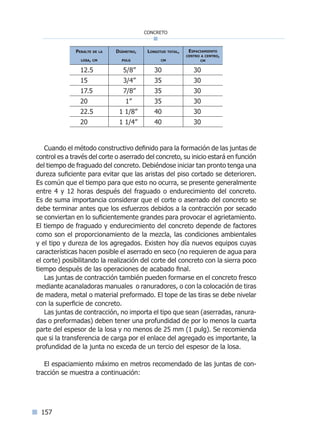 157
concreto
Peralte de la
losa, cm
Diámetro,
pulg
Longitud total,
cm
Espaciamiento
centro a centro,
cm
12.5 5/8” 30 30
15 3/4” 35 30
17.5 7/8” 35 30
20 1” 35 30
22.5 1 1/8” 40 30
20 1 1/4” 40 30
Cuando el método constructivo definido para la formación de las juntas de
control es a través del corte o aserrado del concreto, su inicio estará en función
del tiempo de fraguado del concreto. Debiéndose iniciar tan pronto tenga una
dureza suficiente para evitar que las aristas del piso cortado se deterioren.
Es común que el tiempo para que esto no ocurra, se presente generalmente
entre 4 y 12 horas después del fraguado o endurecimiento del concreto.
Es de suma importancia considerar que el corte o aserrado del concreto se
debe terminar antes que los esfuerzos debidos a la contracción por secado
se conviertan en lo suficientemente grandes para provocar el agrietamiento.
El tiempo de fraguado y endurecimiento del concreto depende de factores
como son el proporcionamiento de la mezcla, las condiciones ambientales
y el tipo y dureza de los agregados. Existen hoy día nuevos equipos cuyas
características hacen posible el aserrado en seco (no requieren de agua para
el corte) posibilitando la realización del corte del concreto con la sierra poco
tiempo después de las operaciones de acabado final.
Las juntas de contracción también pueden formarse en el concreto fresco
mediante acanaladoras manuales o ranuradores, o con la colocación de tiras
de madera, metal o material preformado. El tope de las tiras se debe nivelar
con la superficie de concreto.
Las juntas de contracción, no importa el tipo que sean (aserradas, ranura-
das o preformadas) deben tener una profundidad de por lo menos la cuarta
parte del espesor de la losa y no menos de 25 mm (1 pulg). Se recomienda
que si la transferencia de carga por el enlace del agregado es importante, la
profundidad de la junta no exceda de un tercio del espesor de la losa.
El espaciamiento máximo en metros recomendado de las juntas de con-
tracción se muestra a continuación:
Índice general lÍndice sintético I
 