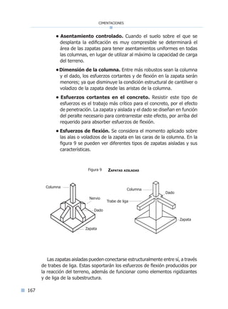 167
cimentaciones
• Asentamiento controlado. Cuando el suelo sobre el que se
desplanta la edificación es muy compresible se determinará el
área de las zapatas para tener asentamientos uniformes en todas
las columnas, en lugar de utilizar al máximo la capacidad de carga
del terreno.
•Dimensión de la columna. Entre más robustos sean la columna
y el dado, los esfuerzos cortantes y de flexión en la zapata serán
menores; ya que disminuye la condición estructural de cantiliver o
voladizo de la zapata desde las aristas de la columna.
• Esfuerzos cortantes en el concreto. Resistir este tipo de
esfuerzos es el trabajo más crítico para el concreto, por el efecto
de penetración. La zapata y aislada y el dado se diseñan en función
del peralte necesario para contrarrestar este efecto, por arriba del
requerido para absorber esfuerzos de flexión.
• Esfuerzos de flexión. Se considera el momento aplicado sobre
las alas o voladizos de la zapata en las caras de la columna. En la
figura 9 se pueden ver diferentes tipos de zapatas aisladas y sus
características.
Las zapatas aisladas pueden conectarse estructuralmente entre sí, a través
de trabes de liga. Estas soportarán los esfuerzos de flexión producidos por
la reacción del terreno, además de funcionar como elementos rigidizantes
y de liga de la subestructura.
Zapata
Dado
Columna
Nervio
Columna
Trabe de liga
Dado
Zapata
Zapatas aisladasFigura 9
Índice general l Índice figurasÍndice sintético I
 