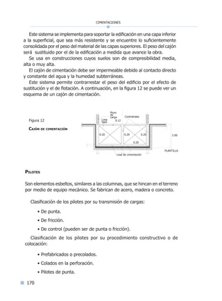 170
cimentaciones
Este sistema se implementa para soportar la edificación en una capa inferior
a la superficial, que sea más resistente y se encuentre lo suficientemente
consolidada por el peso del material de las capas superiores. El peso del cajón
será sustituido por el de la edificación a medida que avance la obra.
Se usa en construcciones cuyos suelos son de compresibilidad media,
alta o muy alta.
El cajón de cimentación debe ser impermeable debido al contacto directo
y constante del agua y la humedad subterráneas.
Este sistema permite contrarrestar el peso del edificio por el efecto de
sustitución y el de flotación. A continuación, en la figura 12 se puede ver un
esquema de un cajón de cimentación.
Pilotes
Son elementos esbeltos, similares a las columnas, que se hincan en el terreno
por medio de equipo mecánico. Se fabrican de acero, madera o concreto.
Clasificación de los pilotes por su transmisión de cargas:
• De punta.
• De fricción.
• De control (pueden ser de punta o fricción).
Clasificación de los pilotes por su procedimiento constructivo o de
colocación:
• Prefabricados o precolados.
• Colados en la perforación.
• Pilotes de punta.
Figura 12
Cajón de cimentación
Muro
de
carga
Losa
tapa
0.12
Contratrabe
Losa de cimentación
PLANTILLA
2.000.20
0.20
0.200.20
Índice general l Índice figurasÍndice sintético I
 
