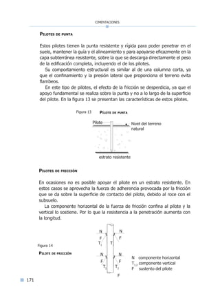 171
cimentaciones
Pilotes de punta
Estos pilotes tienen la punta resistente y rígida para poder penetrar en el
suelo, mantener la guía y el alineamiento y para apoyarse eficazmente en la
capa subterránea resistente, sobre la que se descarga directamente el peso
de la edificación completa, incluyendo el de los pilotes.
Su comportamiento estructural es similar al de una columna corta, ya
que el confinamiento y la presión lateral que proporciona el terreno evita
flambeos.
En este tipo de pilotes, el efecto de la fricción se desperdicia, ya que el
apoyo fundamental se realiza sobre la punta y no a lo largo de la superficie
del pilote. En la figura 13 se presentan las características de estos pilotes.
Pilotes de fricción
En ocasiones no es posible apoyar el pilote en un estrato resistente. En
estos casos se aprovecha la fuerza de adherencia provocada por la fricción
que se da sobre la superficie de contacto del pilote, debido al roce con el
subsuelo. 		
La componente horizontal de la fuerza de fricción confina al pilote y la
vertical lo sostiene. Por lo que la resistencia a la penetración aumenta con
la longitud.
N N
F F
T1
T1
N
F
N
F
T2
F
T2
N componente horizontal
T1,2
componente vertical
F sustento del pilote
Figura 14
Pilote de fricción
estrato resistente
Nivel del terreno
natural
Figura 13 Pilote de punta
Pilote
Índice general l Índice figurasÍndice sintético I
 