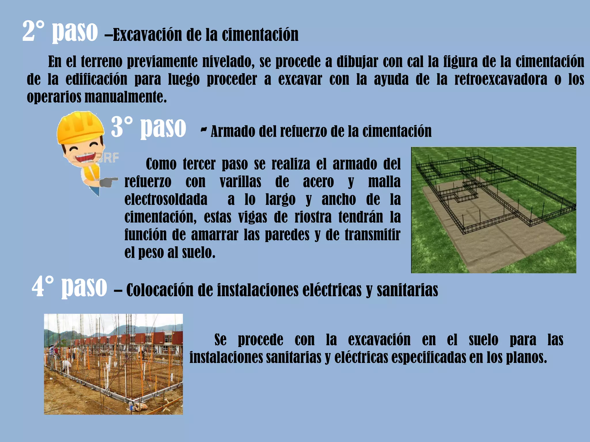 2° paso –Excavación de la cimentación
En el terreno previamente nivelado, se procede a dibujar con cal la figura de la cimentación
de la edificación para luego proceder a excavar con la ayuda de la retroexcavadora o los
operarios manualmente.
3° paso - Armado del refuerzo de la cimentación
Como tercer paso se realiza el armado del
refuerzo con varillas de acero y malla
electrosoldada a lo largo y ancho de la
cimentación, estas vigas de riostra tendrán la
función de amarrar las paredes y de transmitir
el peso al suelo.
4° paso – Colocación de instalaciones eléctricas y sanitarias
Se procede con la excavación en el suelo para las
instalaciones sanitarias y eléctricas especificadas en los planos.
 