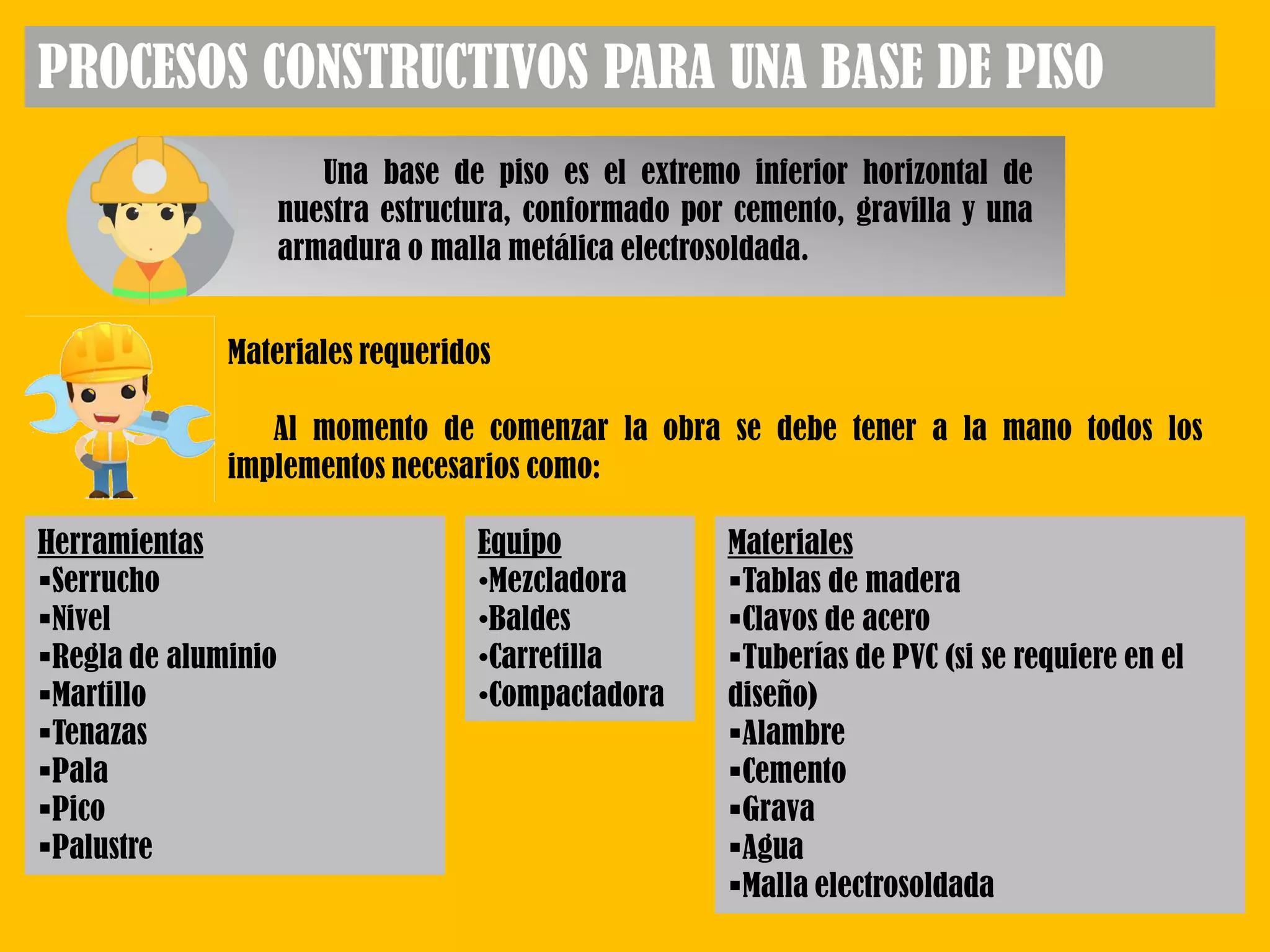 PROCESOS CONSTRUCTIVOS PARA UNA BASE DE PISO
Una base de piso es el extremo inferior horizontal de
nuestra estructura, conformado por cemento, gravilla y una
armadura o malla metálica electrosoldada.
Materiales requeridos
Al momento de comenzar la obra se debe tener a la mano todos los
implementos necesarios como:
Herramientas
Serrucho
Nivel
Regla de aluminio
Martillo
Tenazas
Pala
Pico
Palustre
Equipo
•Mezcladora
•Baldes
•Carretilla
•Compactadora
Materiales
Tablas de madera
Clavos de acero
Tuberías de PVC (si se requiere en el
diseño)
Alambre
Cemento
Grava
Agua
Malla electrosoldada
 