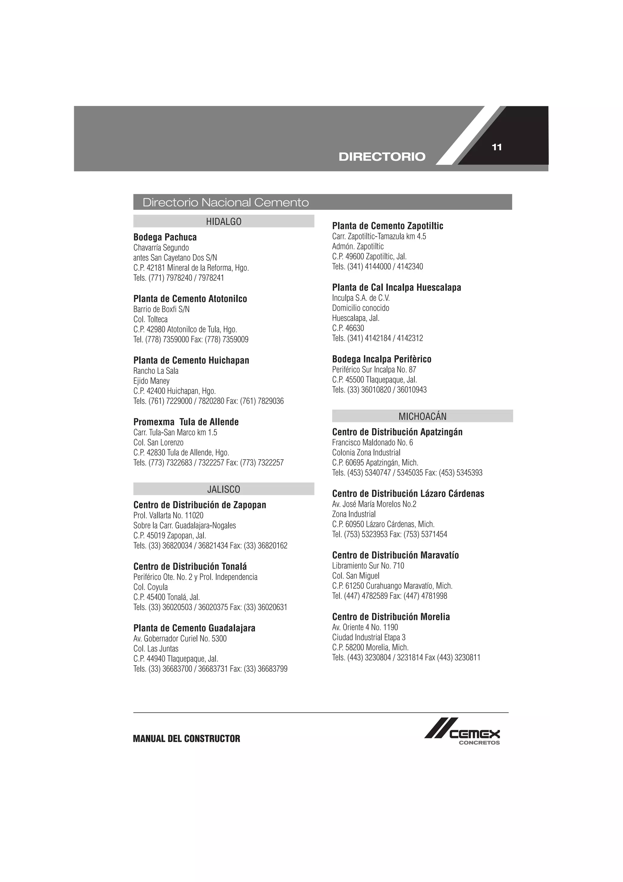 11
                                                      DIRECTORIO


   Directorio Nacional Cemento
                       HIDALGO                      Planta de Cemento Zapotiltic
Bodega Pachuca                                      Carr. Zapotiltic-Tamazula km 4.5
Chavarría Segundo                                   Admón. Zapotiltic
antes San Cayetano Dos S/N                          C.P. 49600 Zapotiltic, Jal.
C.P. 42181 Mineral de la Reforma, Hgo.              Tels. (341) 4144000 / 4142340
Tels. (771) 7978240 / 7978241
                                                    Planta de Cal Incalpa Huescalapa
Planta de Cemento Atotonilco                        Inculpa S.A. de C.V.
Barrio de Boxﬁ S/N                                  Domicilio conocido
Col. Tolteca                                        Huescalapa, Jal.
C.P. 42980 Atotonilco de Tula, Hgo.                 C.P. 46630
Tel. (778) 7359000 Fax: (778) 7359009               Tels. (341) 4142184 / 4142312

Planta de Cemento Huichapan                         Bodega Incalpa Perifèrico
Rancho La Sala                                      Periférico Sur Incalpa No. 87
Ejido Maney                                         C.P. 45500 Tlaquepaque, Jal.
C.P. 42400 Huichapan, Hgo.                          Tels. (33) 36010820 / 36010943
Tels. (761) 7229000 / 7820280 Fax: (761) 7829036
                                                                          MICHOACÁN
Promexma Tula de Allende
Carr. Tula-San Marco km 1.5                         Centro de Distribución Apatzingán
Col. San Lorenzo                                    Francisco Maldonado No. 6
C.P. 42830 Tula de Allende, Hgo.                    Colonia Zona Industrial
Tels. (773) 7322683 / 7322257 Fax: (773) 7322257    C.P. 60695 Apatzingán, Mich.
                                                    Tels. (453) 5340747 / 5345035 Fax: (453) 5345393

                        JALISCO                     Centro de Distribución Lázaro Cárdenas
Centro de Distribución de Zapopan                   Av. José María Morelos No.2
Prol. Vallarta No. 11020                            Zona Industrial
Sobre la Carr. Guadalajara-Nogales                  C.P. 60950 Lázaro Cárdenas, Mich.
C.P. 45019 Zapopan, Jal.                            Tel. (753) 5323953 Fax: (753) 5371454
Tels. (33) 36820034 / 36821434 Fax: (33) 36820162
                                                    Centro de Distribución Maravatío
Centro de Distribución Tonalá                       Libramiento Sur No. 710
Periférico Ote. No. 2 y Prol. Independencia         Col. San Miguel
Col. Coyula                                         C.P. 61250 Curahuango Maravatío, Mich.
C.P. 45400 Tonalá, Jal.                             Tel. (447) 4782589 Fax: (447) 4781998
Tels. (33) 36020503 / 36020375 Fax: (33) 36020631
                                                    Centro de Distribución Morelia
Planta de Cemento Guadalajara                       Av. Oriente 4 No. 1190
Av. Gobernador Curiel No. 5300                      Ciudad Industrial Etapa 3
Col. Las Juntas                                     C.P. 58200 Morelia, Mich.
C.P. 44940 Tlaquepaque, Jal.                        Tels. (443) 3230804 / 3231814 Fax (443) 3230811
Tels. (33) 36683700 / 36683731 Fax: (33) 36683799




MANUAL DEL CONSTRUCTOR
 