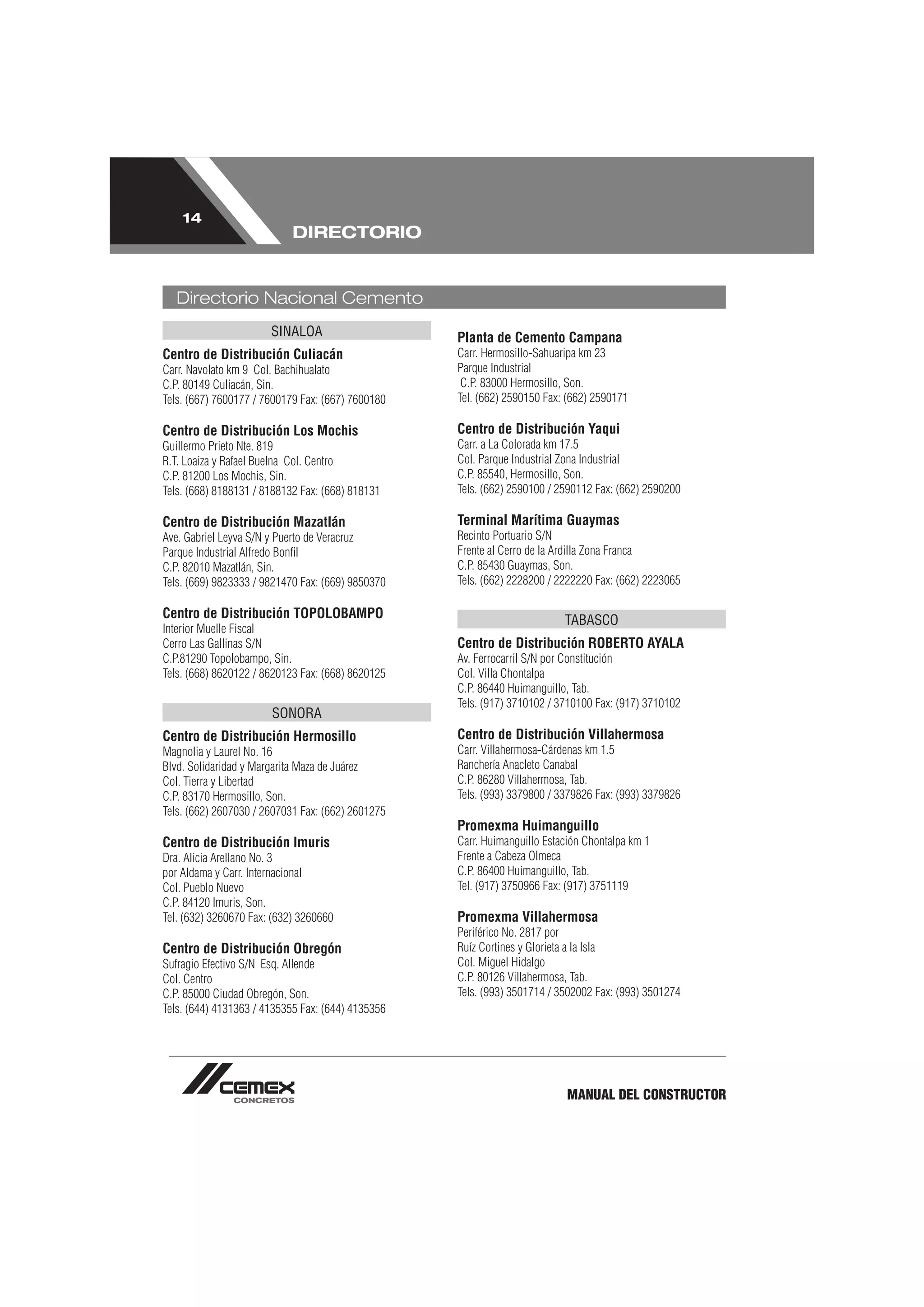 14
                            DIRECTORIO


   Directorio Nacional Cemento
                       SINALOA                     Planta de Cemento Campana
Centro de Distribución Culiacán                    Carr. Hermosillo-Sahuaripa km 23
Carr. Navolato km 9 Col. Bachihualato              Parque Industrial
C.P. 80149 Culiacán, Sin.                           C.P. 83000 Hermosillo, Son.
Tels. (667) 7600177 / 7600179 Fax: (667) 7600180   Tel. (662) 2590150 Fax: (662) 2590171

Centro de Distribución Los Mochis                  Centro de Distribución Yaqui
Guillermo Prieto Nte. 819                          Carr. a La Colorada km 17.5
R.T. Loaiza y Rafael Buelna Col. Centro            Col. Parque Industrial Zona Industrial
C.P. 81200 Los Mochis, Sin.                        C.P. 85540, Hermosillo, Son.
Tels. (668) 8188131 / 8188132 Fax: (668) 818131    Tels. (662) 2590100 / 2590112 Fax: (662) 2590200

Centro de Distribución Mazatlán                    Terminal Marítima Guaymas
Ave. Gabriel Leyva S/N y Puerto de Veracruz        Recinto Portuario S/N
Parque Industrial Alfredo Bonﬁl                    Frente al Cerro de la Ardilla Zona Franca
C.P. 82010 Mazatlán, Sin.                          C.P. 85430 Guaymas, Son.
Tels. (669) 9823333 / 9821470 Fax: (669) 9850370   Tels. (662) 2228200 / 2222220 Fax: (662) 2223065

Centro de Distribución TOPOLOBAMPO                                        TABASCO
Interior Muelle Fiscal
Cerro Las Gallinas S/N                             Centro de Distribución ROBERTO AYALA
C.P.81290 Topolobampo, Sin.                        Av. Ferrocarril S/N por Constitución
Tels. (668) 8620122 / 8620123 Fax: (668) 8620125   Col. Villa Chontalpa
                                                   C.P. 86440 Huimanguillo, Tab.
                                                   Tels. (917) 3710102 / 3710100 Fax: (917) 3710102
                       SONORA
Centro de Distribución Hermosillo                  Centro de Distribución Villahermosa
Magnolia y Laurel No. 16                           Carr. Villahermosa-Cárdenas km 1.5
Blvd. Solidaridad y Margarita Maza de Juárez       Ranchería Anacleto Canabal
Col. Tierra y Libertad                             C.P. 86280 Villahermosa, Tab.
C.P. 83170 Hermosillo, Son.                        Tels. (993) 3379800 / 3379826 Fax: (993) 3379826
Tels. (662) 2607030 / 2607031 Fax: (662) 2601275
                                                   Promexma Huimanguillo
Centro de Distribución Imuris                      Carr. Huimanguillo Estación Chontalpa km 1
Dra. Alicia Arellano No. 3                         Frente a Cabeza Olmeca
por Aldama y Carr. Internacional                   C.P. 86400 Huimanguillo, Tab.
Col. Pueblo Nuevo                                  Tel. (917) 3750966 Fax: (917) 3751119
C.P. 84120 Imuris, Son.
Tel. (632) 3260670 Fax: (632) 3260660              Promexma Villahermosa
                                                   Periférico No. 2817 por
Centro de Distribución Obregón                     Ruíz Cortines y Glorieta a la Isla
Sufragio Efectivo S/N Esq. Allende                 Col. Miguel Hidalgo
Col. Centro                                        C.P. 80126 Villahermosa, Tab.
C.P. 85000 Ciudad Obregón, Son.                    Tels. (993) 3501714 / 3502002 Fax: (993) 3501274
Tels. (644) 4131363 / 4135355 Fax: (644) 4135356




                                                                          MANUAL DEL CONSTRUCTOR
 