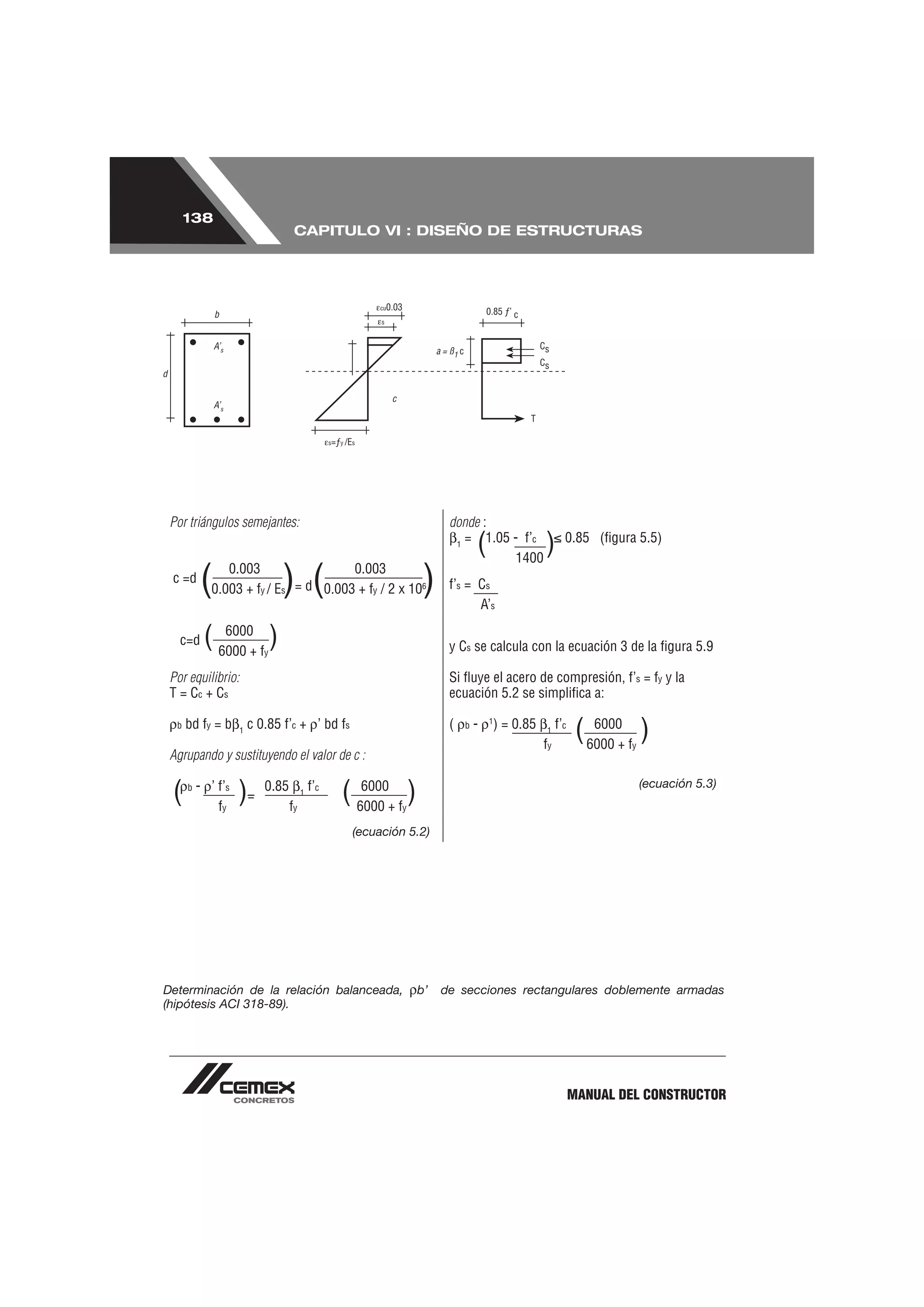 138
                                   CAPITULO VI : DISEÑO DE ESTRUCTURAS




 Por triángulos semejantes:                                           donde :
                                                                       1
                                                                              (
                                                                         = 1.05 - f’c
                                                                                1400
                                                                                                 )      0.85 (ﬁgura 5.5)

 c =d
          (     0.003
                               ) (    0.003
             0.003 + fy / Es = d 0.003 + fy / 2 x 106           )     f’s = Cs
                                                                            A’s

   c=d     ( 6000 + f )
              6000
                           y                                          y Cs se calcula con la ecuación 3 de la ﬁgura 5.9

 Por equilibrio:                                                      Si ﬂuye el acero de compresión, f’s = fy y la
 T = Cc + Cs                                                          ecuación 5.2 se simpliﬁca a:

  b   bd fy = b     1
                        c 0.85 f’c + ’ bd fs                          (   b   -   1
                                                                                      ) = 0.85   1
                                                                                                 fy
                                                                                                      f’c
                                                                                                             ( 6000 + f )
                                                                                                                6000
                                                                                                                      y
 Agrupando y sustituyendo el valor de c :

                                                                                                                          (ecuación 5.3)
 (    b   - ’ f’s
              fy
                    )=     0.85
                                  fy
                                       1
                                           f’c
                                                 ( 6000 + f )
                                                    6000
                                                           y

                                                  (ecuación 5.2)




Determinación de la relación balanceada,                        b’   de secciones rectangulares doblemente armadas
(hipótesis ACI 318-89).




                                                                                                            MANUAL DEL CONSTRUCTOR
 