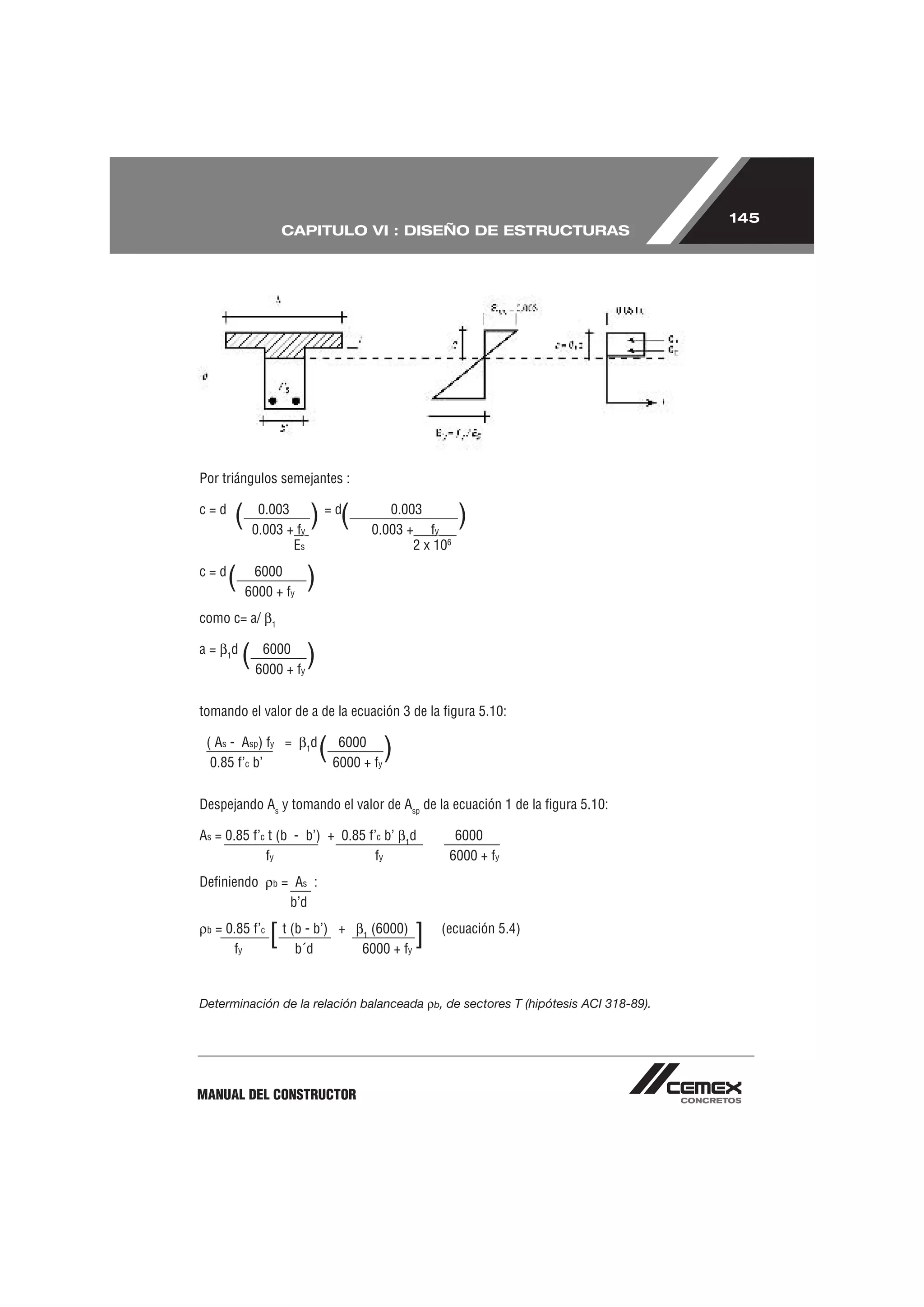 145
                      CAPITULO VI : DISEÑO DE ESTRUCTURAS




Por triángulos semejantes :

c=d
           ( 0.003 + f ) = d(
              0.003
                           y
                                              0.003
                                           0.003 + fy
                                                                 )
                        Es                        2 x 106
c=d
       ( 6000 + f )
          6000
                       y

como c= a/        1


a=     1
        d
            ( 6000 + f )
               6000
                           y



tomando el valor de a de la ecuación 3 de la ﬁgura 5.10:

 ( As - Asp) fy =
  0.85 f’c b’
                               d
                               1
                                   ( 6000 + f )
                                      6000
                                            y



Despejando As y tomando el valor de Asp de la ecuación 1 de la ﬁgura 5.10:

As = 0.85 f’c t (b - b’) + 0.85 f’c b’            1
                                                      d         6000
             fy                   fy                           6000 + fy
Deﬁniendo         b   = As :
                       b’d
 b   = 0.85 f’c
        fy
                  [ t (b - b’)
                       b´d
                                      +   1
                                            (6000)
                                          6000 + fy
                                                      ]    (ecuación 5.4)




Determinación de la relación balanceada                   b,   de sectores T (hipótesis ACI 318-89).




MANUAL DEL CONSTRUCTOR
 