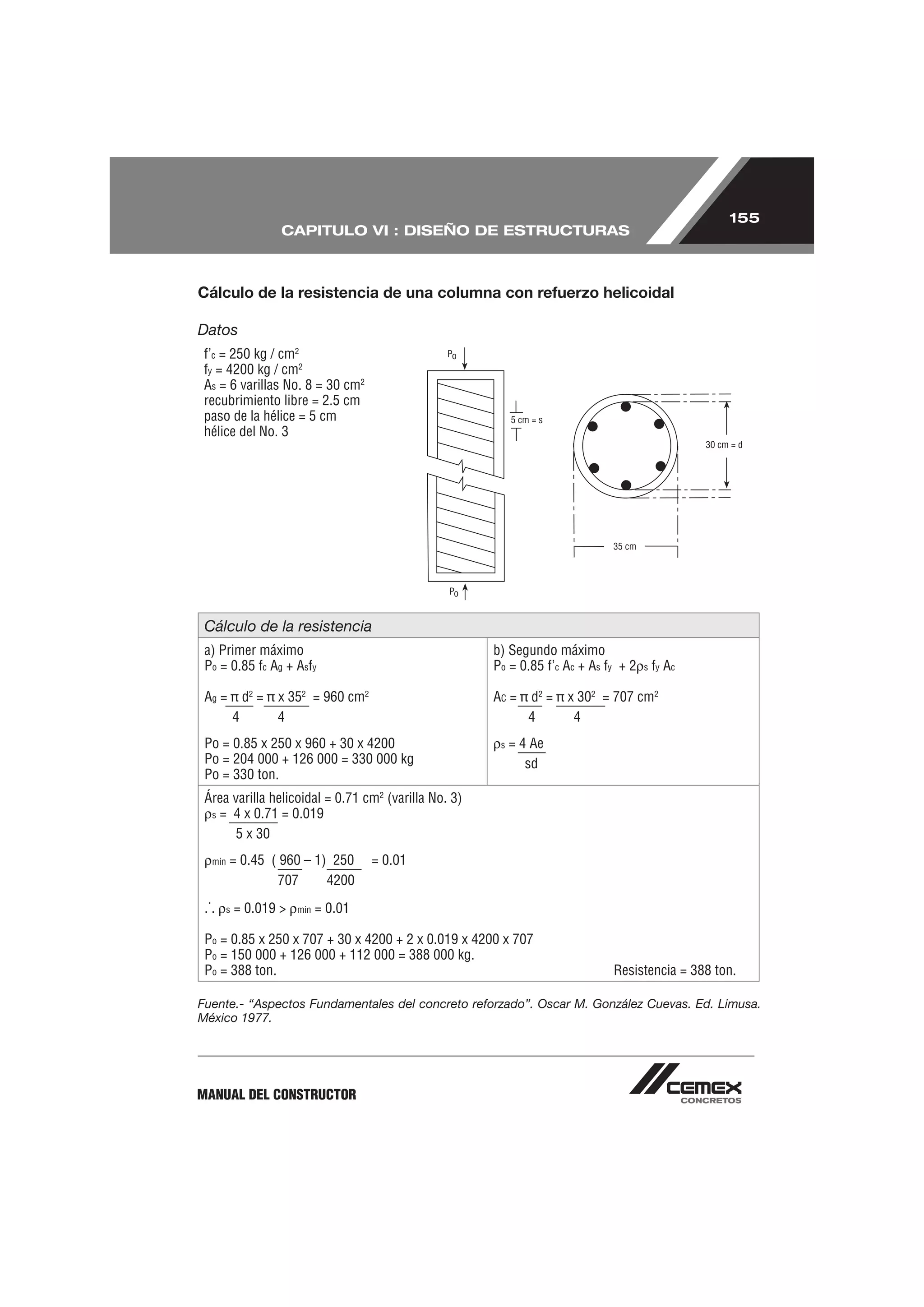 155
                      CAPITULO VI : DISEÑO DE ESTRUCTURAS



Cálculo de la resistencia de una columna con refuerzo helicoidal

Datos
 f’c = 250 kg / cm2
 fy = 4200 kg / cm2
 As = 6 varillas No. 8 = 30 cm2
 recubrimiento libre = 2.5 cm
 paso de la hélice = 5 cm
 hélice del No. 3




 Cálculo de la resistencia
 a) Primer máximo                                     b) Segundo máximo
 Po = 0.85 fc Ag + Asfy                               Po = 0.85 f’c Ac + As fy + 2   s fy   Ac

 Ag =          d2 =   x 352 = 960 cm2                 AC =    d2 =   x 302 = 707 cm2
           4          4                                       4       4
 Po = 0.85 x 250 x 960 + 30 x 4200                     s   = 4 Ae
 Po = 204 000 + 126 000 = 330 000 kg                          sd
 Po = 330 ton.
 Área varilla helicoidal = 0.71 cm2 (varilla No. 3)
  s = 4 x 0.71 = 0.019

       5 x 30
   min   = 0.45 ( 960 – 1) 250          = 0.01
                 707      4200

 .˙.   s   = 0.019 >     min   = 0.01

 Po = 0.85 x 250 x 707 + 30 x 4200 + 2 x 0.019 x 4200 x 707
 Po = 150 000 + 126 000 + 112 000 = 388 000 kg.
 Po = 388 ton.                                                               Resistencia = 388 ton.

Fuente.- “Aspectos Fundamentales del concreto reforzado”. Oscar M. González Cuevas. Ed. Limusa.
México 1977.




MANUAL DEL CONSTRUCTOR
 