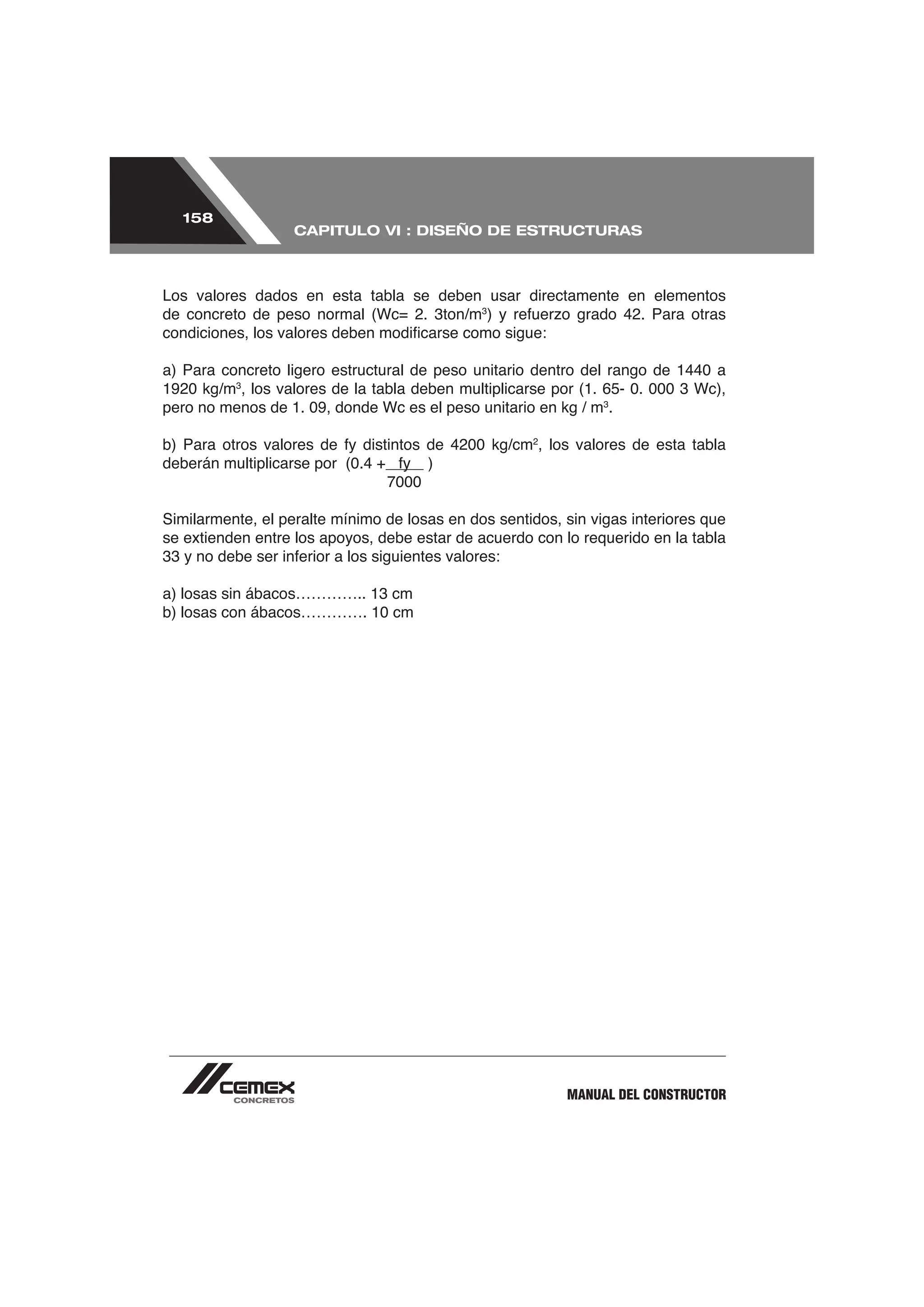 158
                   CAPITULO VI : DISEÑO DE ESTRUCTURAS



Los valores dados en esta tabla se deben usar directamente en elementos
                                              3




          3

                                                                  3
                                                                      .

                                                     2
                                                         , los valores de esta tabla
                                       )
                                7000

Similarmente, el peralte mínimo de losas en dos sentidos, sin vigas interiores que
se extienden entre los apoyos, debe estar de acuerdo con lo requerido en la tabla




                                                             MANUAL DEL CONSTRUCTOR
 