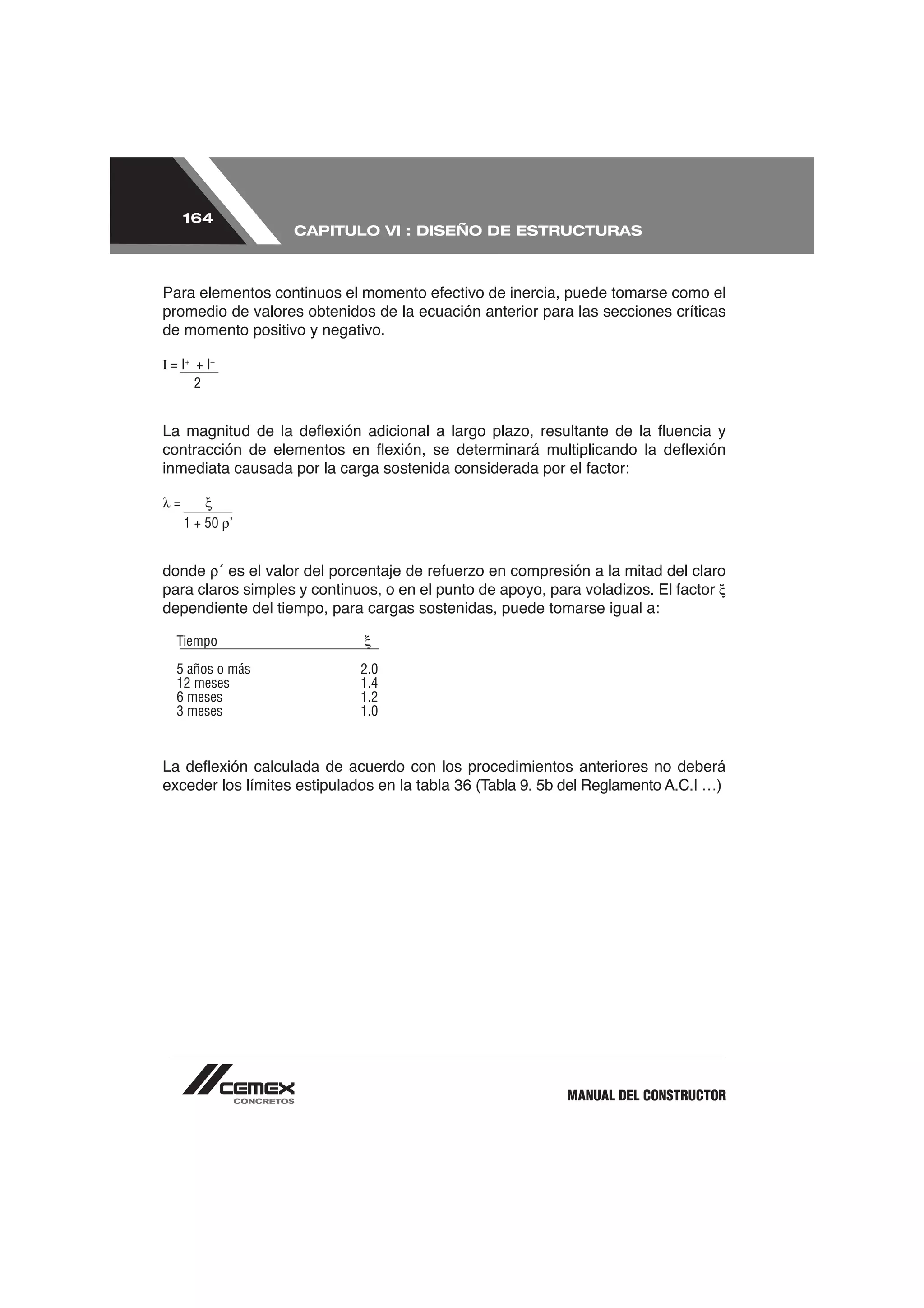 164
                  CAPITULO VI : DISEÑO DE ESTRUCTURAS




promedio de valores obtenidos de la ecuación anterior para las secciones críticas
de momento positivo y negativo.

I = I+ + I–
       2




  =
      1 + 50 ’


donde

dependiente del tiempo, para cargas sostenidas, puede tomarse igual a:

  Tiempo

  5 años o más              2.0
  12 meses                  1.4
  6 meses                   1.2
  3 meses                   1.0




                                                          MANUAL DEL CONSTRUCTOR
 