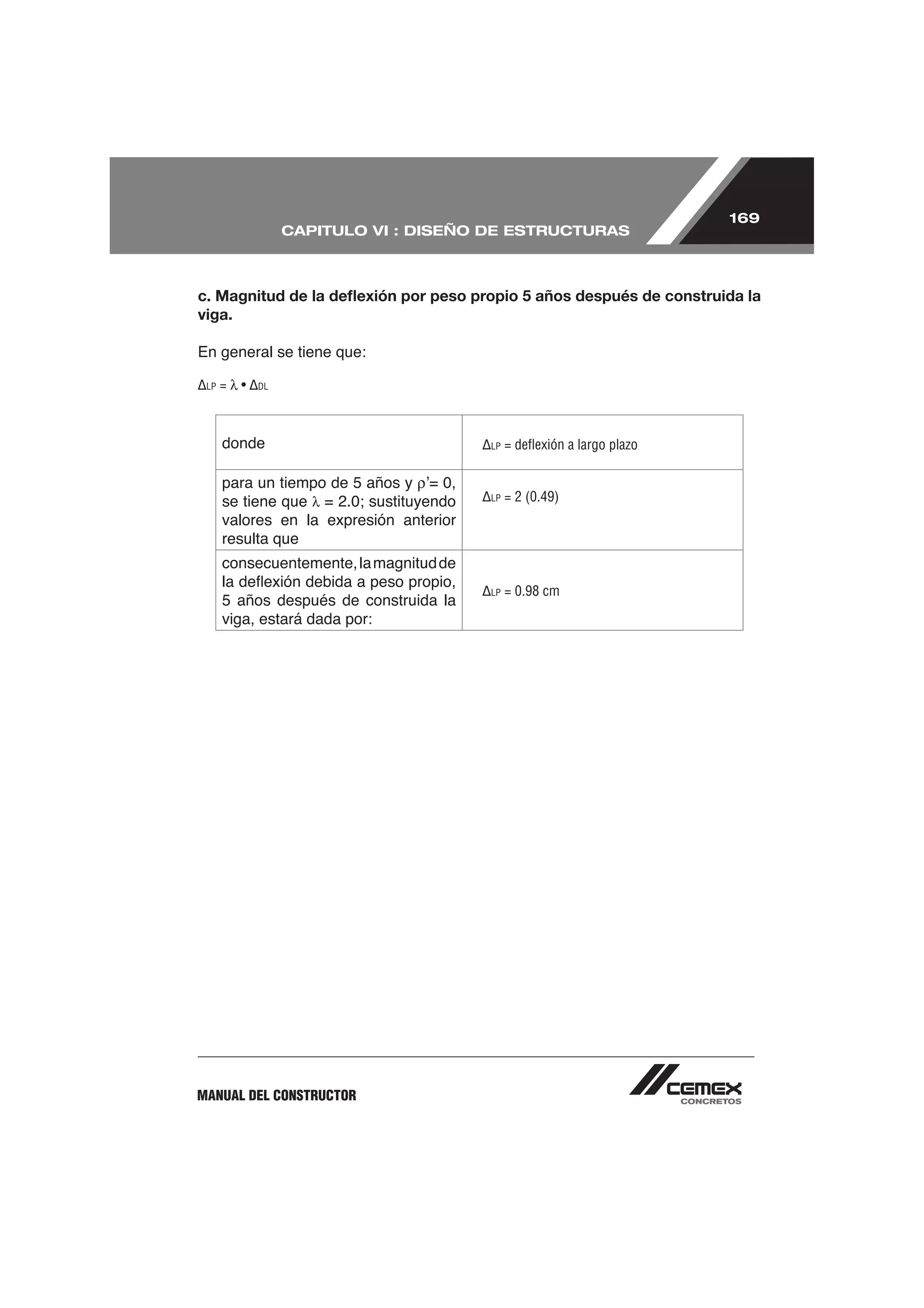169
                   CAPITULO VI : DISEÑO DE ESTRUCTURAS



c. Magnitud de la deﬂexión por peso propio 5 años después de construida la
viga.

En general se tiene que:

 LP   =   •   DL




      donde                              LP   = deﬂexión a largo plazo

      para un tiempo de 5 años y
      se tiene que                       LP   = 2 (0.49)
      valores en la expresión anterior
      resulta que
      consecuentemente, la magnitud de
                                         LP   = 0.98 cm
      5 años después de construida la
      viga, estará dada por:




MANUAL DEL CONSTRUCTOR
 