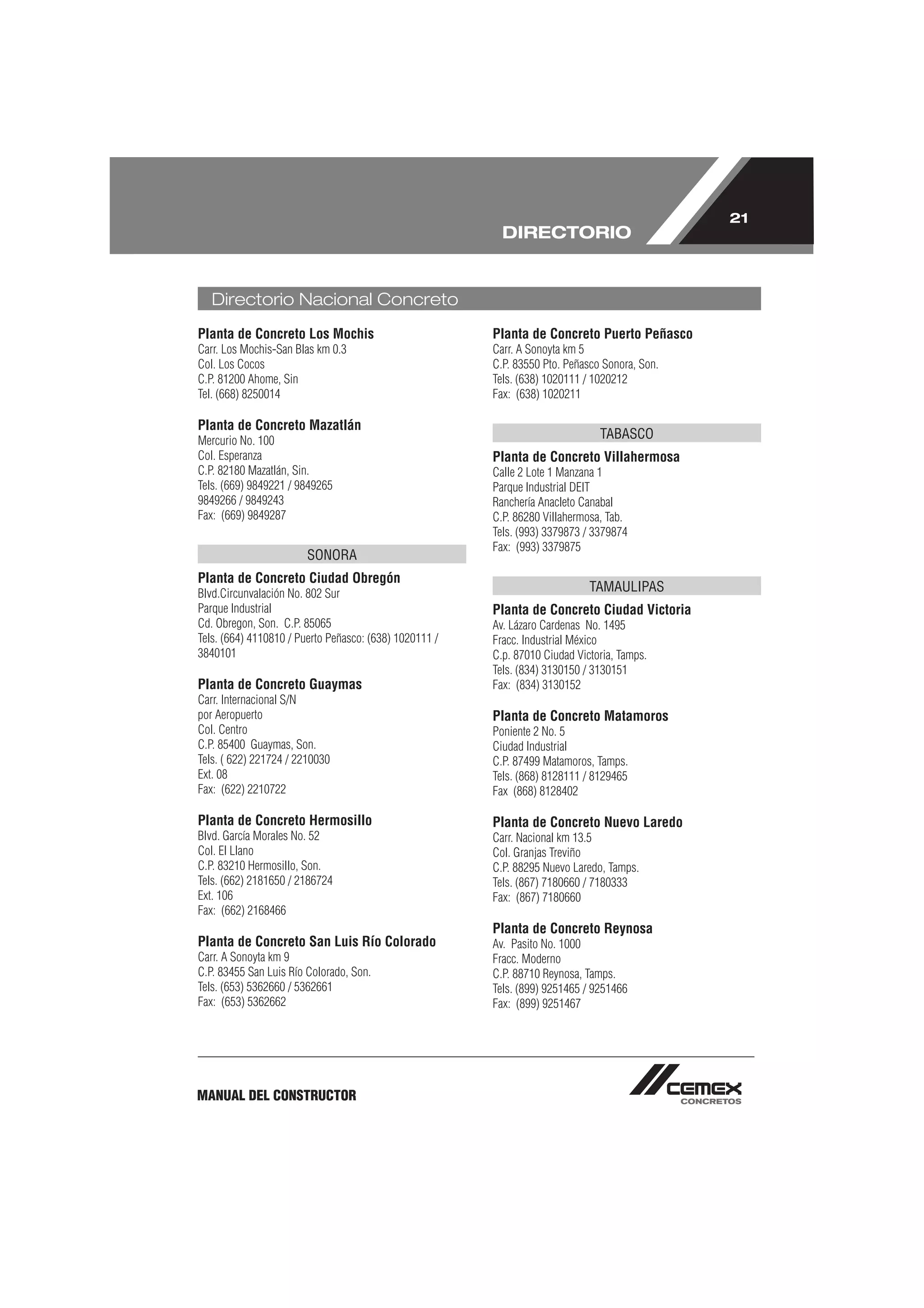 21
                                                          DIRECTORIO


   Directorio Nacional Concreto
Planta de Concreto Los Mochis                           Planta de Concreto Puerto Peñasco
Carr. Los Mochis-San Blas km 0.3                        Carr. A Sonoyta km 5
Col. Los Cocos                                          C.P. 83550 Pto. Peñasco Sonora, Son.
C.P. 81200 Ahome, Sin                                   Tels. (638) 1020111 / 1020212
Tel. (668) 8250014                                      Fax: (638) 1020211

Planta de Concreto Mazatlán
Mercurio No. 100                                                               TABASCO
Col. Esperanza                                          Planta de Concreto Villahermosa
C.P. 82180 Mazatlán, Sin.                               Calle 2 Lote 1 Manzana 1
Tels. (669) 9849221 / 9849265                           Parque Industrial DEIT
9849266 / 9849243                                       Ranchería Anacleto Canabal
Fax: (669) 9849287                                      C.P. 86280 Villahermosa, Tab.
                                                        Tels. (993) 3379873 / 3379874
                                                        Fax: (993) 3379875
                        SONORA
Planta de Concreto Ciudad Obregón
Blvd.Circunvalación No. 802 Sur                                              TAMAULIPAS
Parque Industrial                                       Planta de Concreto Ciudad Victoria
Cd. Obregon, Son. C.P. 85065                            Av. Lázaro Cardenas No. 1495
Tels. (664) 4110810 / Puerto Peñasco: (638) 1020111 /   Fracc. Industrial México
3840101                                                 C.p. 87010 Ciudad Victoria, Tamps.
                                                        Tels. (834) 3130150 / 3130151
Planta de Concreto Guaymas                              Fax: (834) 3130152
Carr. Internacional S/N
por Aeropuerto                                          Planta de Concreto Matamoros
Col. Centro                                             Poniente 2 No. 5
C.P. 85400 Guaymas, Son.                                Ciudad Industrial
Tels. ( 622) 221724 / 2210030                           C.P. 87499 Matamoros, Tamps.
Ext. 08                                                 Tels. (868) 8128111 / 8129465
Fax: (622) 2210722                                      Fax (868) 8128402

Planta de Concreto Hermosillo                           Planta de Concreto Nuevo Laredo
Blvd. García Morales No. 52                             Carr. Nacional km 13.5
Col. El Llano                                           Col. Granjas Treviño
C.P. 83210 Hermosillo, Son.                             C.P. 88295 Nuevo Laredo, Tamps.
Tels. (662) 2181650 / 2186724                           Tels. (867) 7180660 / 7180333
Ext. 106                                                Fax: (867) 7180660
Fax: (662) 2168466
                                                        Planta de Concreto Reynosa
Planta de Concreto San Luis Río Colorado                Av. Pasito No. 1000
Carr. A Sonoyta km 9                                    Fracc. Moderno
C.P. 83455 San Luis Río Colorado, Son.                  C.P. 88710 Reynosa, Tamps.
Tels. (653) 5362660 / 5362661                           Tels. (899) 9251465 / 9251466
Fax: (653) 5362662                                      Fax: (899) 9251467




MANUAL DEL CONSTRUCTOR
 