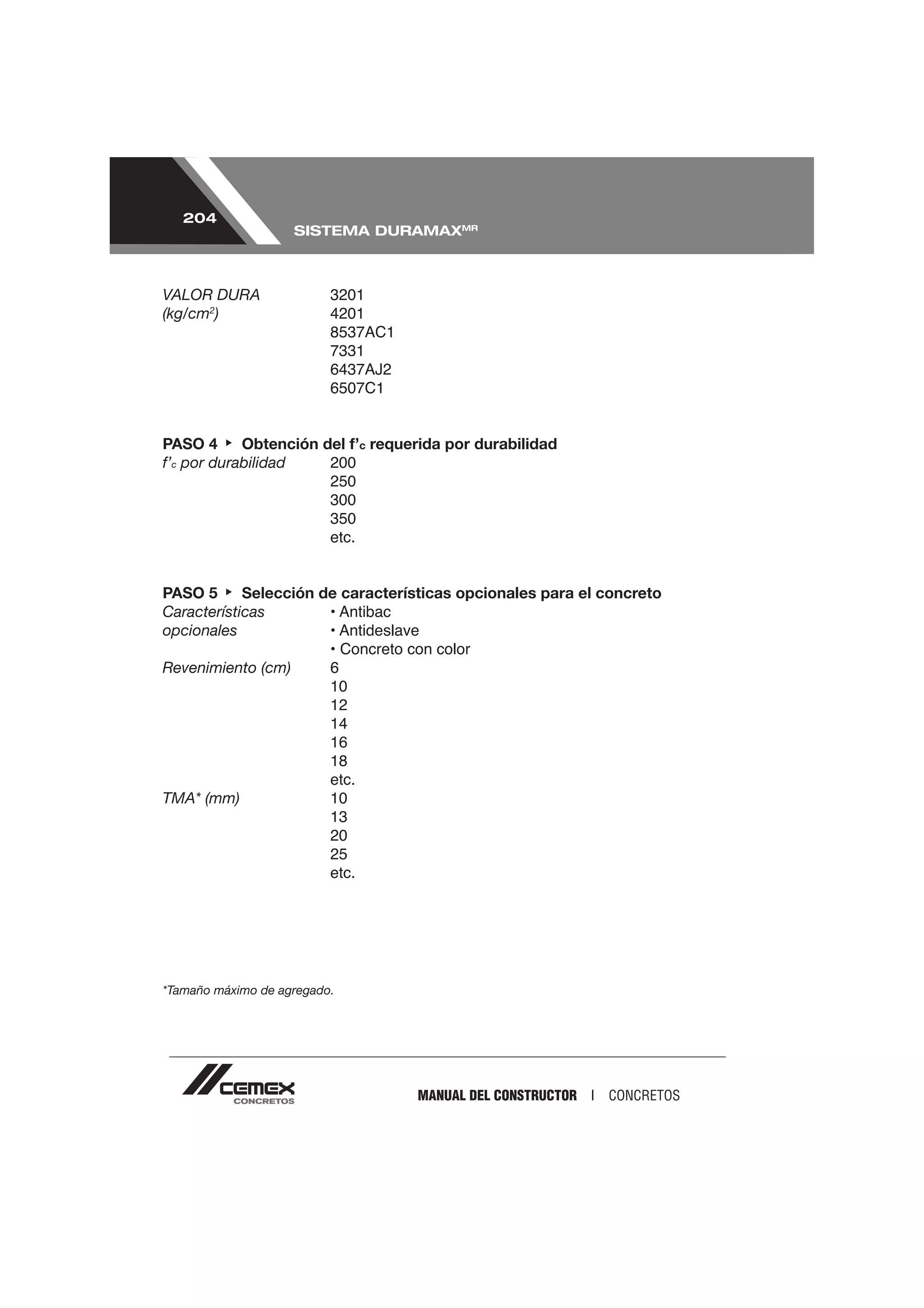 204
                    SISTEMA DURAMAXMR



VALOR DURA
(kg/cm2)




PASO 4      Obtención del f’c requerida por durabilidad
f’c por durabilidad    200
                       250
                       300
                       350
                       etc.


PASO 5      Selección de características opcionales para el concreto
Características
opcionales
                       • Concreto con color
Revenimiento (cm)      6




                          etc.
TMA* (mm)

                          20
                          25
                          etc.




*Tamaño máximo de agregado.




                                   MANUAL DEL CONSTRUCTOR I   CONCRETOS
 
