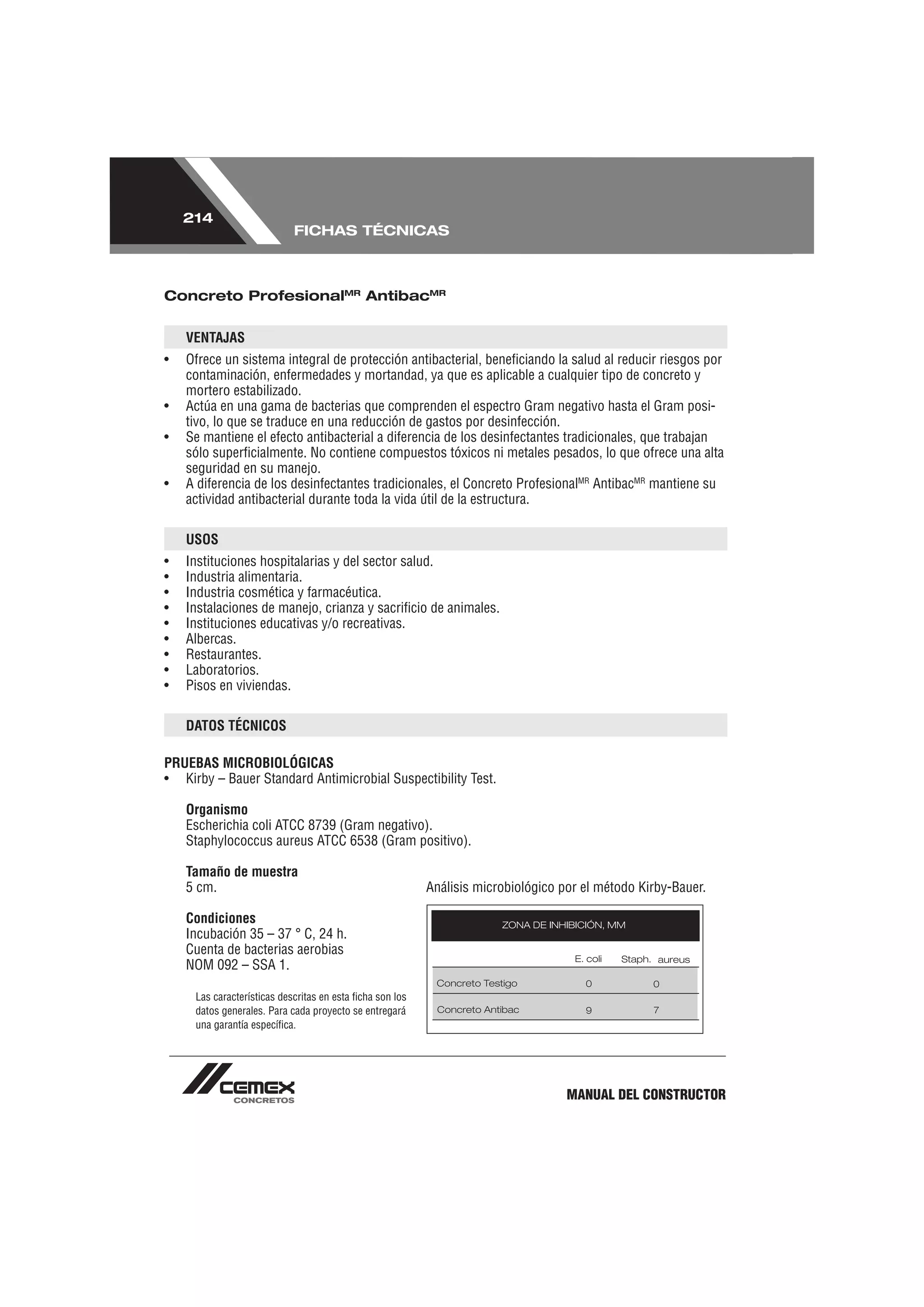 214
                            FICHAS TÉCNICAS



Concreto ProfesionalMR AntibacMR


    VENTAJAS
•   Ofrece un sistema integral de protección antibacterial, beneﬁciando la salud al reducir riesgos por
    contaminación, enfermedades y mortandad, ya que es aplicable a cualquier tipo de concreto y
    mortero estabilizado.
•   Actúa en una gama de bacterias que comprenden el espectro Gram negativo hasta el Gram posi-
    tivo, lo que se traduce en una reducción de gastos por desinfección.
•   Se mantiene el efecto antibacterial a diferencia de los desinfectantes tradicionales, que trabajan
    sólo superﬁcialmente. No contiene compuestos tóxicos ni metales pesados, lo que ofrece una alta
    seguridad en su manejo.
•   A diferencia de los desinfectantes tradicionales, el Concreto ProfesionalMR AntibacMR mantiene su
    actividad antibacterial durante toda la vida útil de la estructura.

    USOS
•   Instituciones hospitalarias y del sector salud.
•   Industria alimentaria.
•   Industria cosmética y farmacéutica.
•   Instalaciones de manejo, crianza y sacriﬁcio de animales.
•   Instituciones educativas y/o recreativas.
•   Albercas.
•   Restaurantes.
•   Laboratorios.
•   Pisos en viviendas.

    DATOS TÉCNICOS

PRUEBAS MICROBIOLÓGICAS
• Kirby – Bauer Standard Antimicrobial Suspectibility Test.

    Organismo
    Escherichia coli ATCC 8739 (Gram negativo).
    Staphylococcus aureus ATCC 6538 (Gram positivo).

    Tamaño de muestra
    5 cm.                                                 Análisis microbiológico por el método Kirby-Bauer.

    Condiciones
    Incubación 35 – 37 ° C, 24 h.
    Cuenta de bacterias aerobias
    NOM 092 – SSA 1.

     Las características descritas en esta ﬁcha son los
     datos generales. Para cada proyecto se entregará
     una garantía especíﬁca.




                                                                                   MANUAL DEL CONSTRUCTOR
 