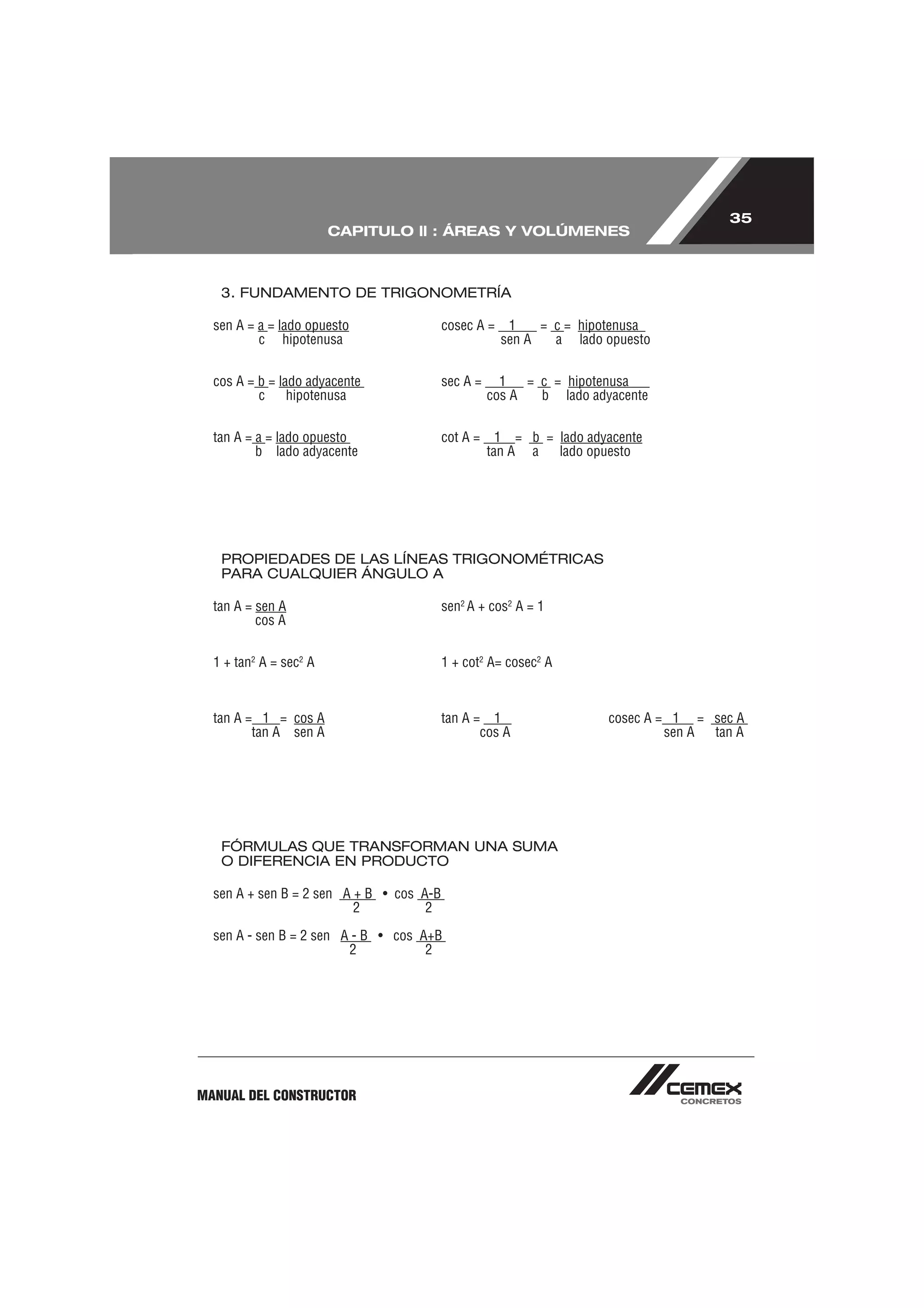35
                        CAPITULO ll : ÁREAS Y VOLÚMENES



   3. FUNDAMENTO DE TRIGONOMETRÍA

  sen A = a = lado opuesto                cosec A =    1    = c = hipotenusa
          c hipotenusa                                sen A   a lado opuesto


  cos A = b = lado adyacente              sec A =     1   = c = hipotenusa
          c     hipotenusa                          cos A   b lado adyacente


  tan A = a = lado opuesto                cot A =     1 = b = lado adyacente
          b lado adyacente                          tan A a   lado opuesto




   PROPIEDADES DE LAS LÍNEAS TRIGONOMÉTRICAS
   PARA CUALQUIER ÁNGULO A

  tan A = sen A                           sen2 A + cos2 A = 1
          cos A


  1 + tan2 A = sec2 A                     1 + cot2 A= cosec2 A



  tan A = 1 = cos A                       tan A = 1                   cosec A = 1 = sec A
         tan A sen A                             cos A                         sen A tan A




   FÓRMULAS QUE TRANSFORMAN UNA SUMA
   O DIFERENCIA EN PRODUCTO

  sen A + sen B = 2 sen A + B • cos A-B
                          2          2

  sen A - sen B = 2 sen A - B • cos A+B
                         2           2




MANUAL DEL CONSTRUCTOR
 