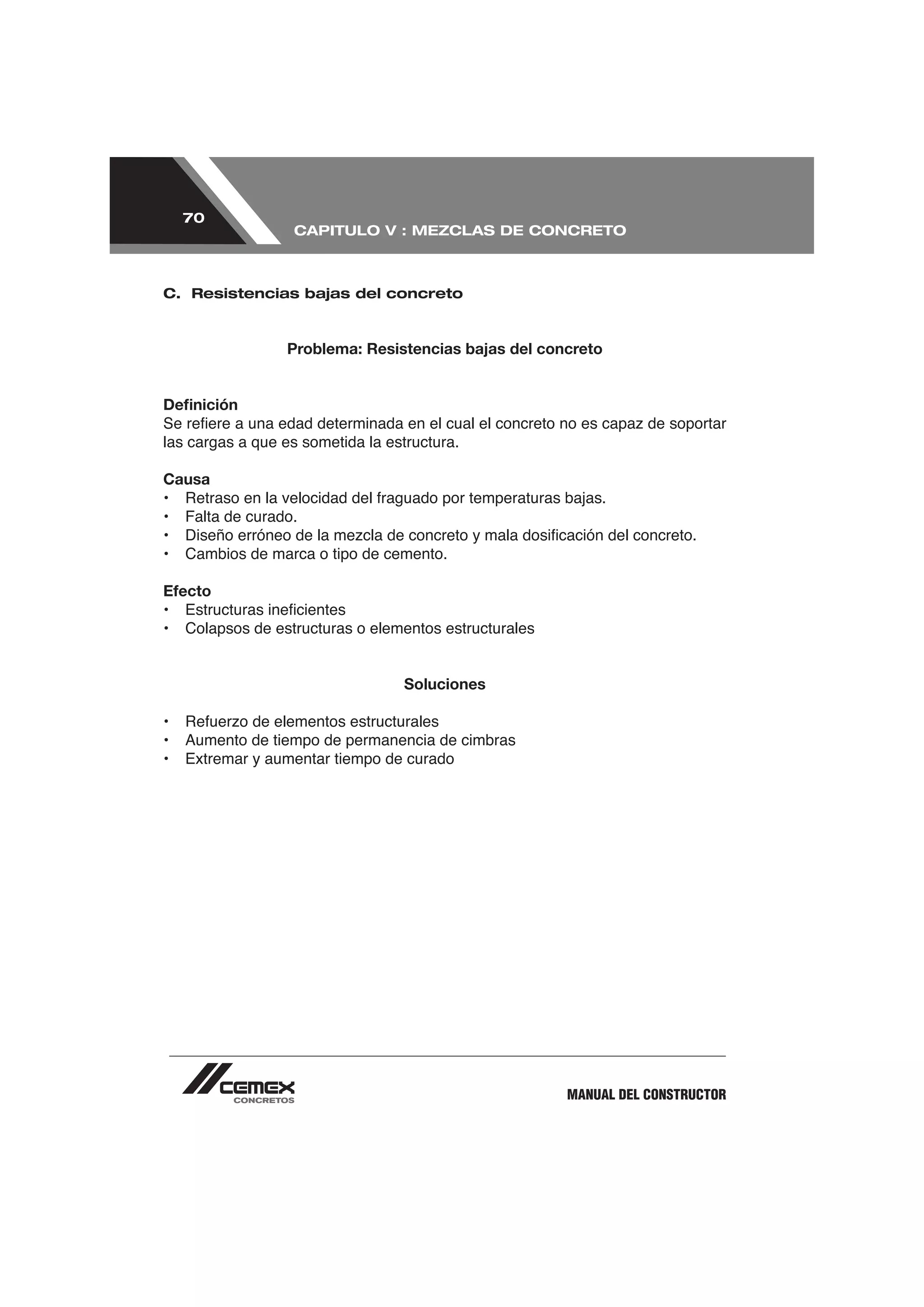 70
                   CAPITULO V : MEZCLAS DE CONCRETO



C. Resistencias bajas del concreto



                  Problema: Resistencias bajas del concreto


Deﬁnición

las cargas a que es sometida la estructura.

Causa



•   Cambios de marca o tipo de cemento.

Efecto

•   Colapsos de estructuras o elementos estructurales


                                  Soluciones



•   Extremar y aumentar tiempo de curado




                                                        MANUAL DEL CONSTRUCTOR
 
