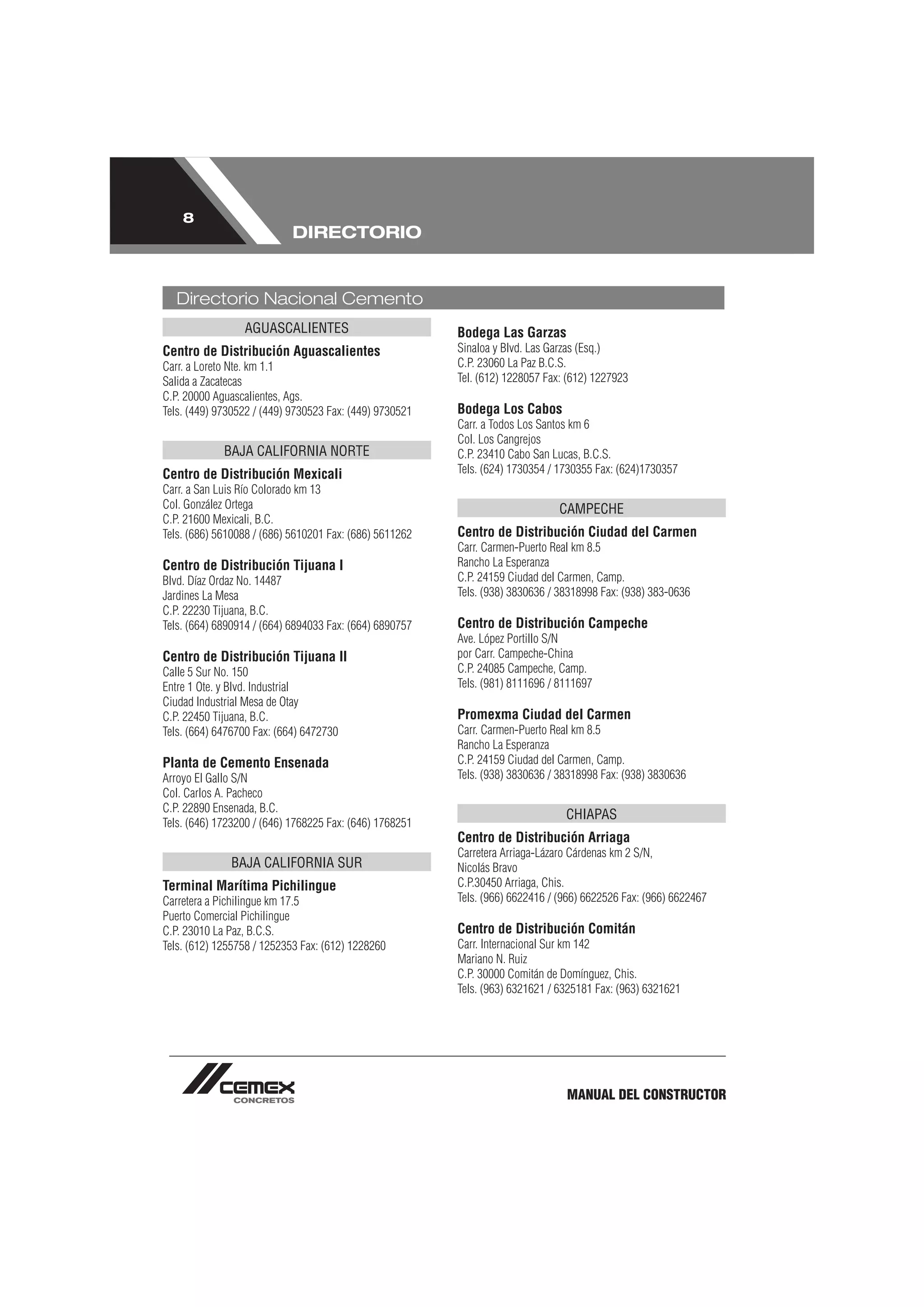 8
                            DIRECTORIO


   Directorio Nacional Cemento
                 AGUASCALIENTES                          Bodega Las Garzas
Centro de Distribución Aguascalientes                    Sinaloa y Blvd. Las Garzas (Esq.)
Carr. a Loreto Nte. km 1.1                               C.P. 23060 La Paz B.C.S.
Salida a Zacatecas                                       Tel. (612) 1228057 Fax: (612) 1227923
C.P. 20000 Aguascalientes, Ags.
Tels. (449) 9730522 / (449) 9730523 Fax: (449) 9730521   Bodega Los Cabos
                                                         Carr. a Todos Los Santos km 6
                                                         Col. Los Cangrejos
             BAJA CALIFORNIA NORTE                       C.P. 23410 Cabo San Lucas, B.C.S.
Centro de Distribución Mexicali                          Tels. (624) 1730354 / 1730355 Fax: (624)1730357
Carr. a San Luis Río Colorado km 13
Col. González Ortega                                                           CAMPECHE
C.P. 21600 Mexicali, B.C.
Tels. (686) 5610088 / (686) 5610201 Fax: (686) 5611262   Centro de Distribución Ciudad del Carmen
                                                         Carr. Carmen-Puerto Real km 8.5
Centro de Distribución Tijuana I                         Rancho La Esperanza
Blvd. Díaz Ordaz No. 14487                               C.P. 24159 Ciudad del Carmen, Camp.
Jardines La Mesa                                         Tels. (938) 3830636 / 38318998 Fax: (938) 383-0636
C.P. 22230 Tijuana, B.C.
Tels. (664) 6890914 / (664) 6894033 Fax: (664) 6890757   Centro de Distribución Campeche
                                                         Ave. López Portillo S/N
Centro de Distribución Tijuana II                        por Carr. Campeche-China
Calle 5 Sur No. 150                                      C.P. 24085 Campeche, Camp.
Entre 1 Ote. y Blvd. Industrial                          Tels. (981) 8111696 / 8111697
Ciudad Industrial Mesa de Otay
C.P. 22450 Tijuana, B.C.                                 Promexma Ciudad del Carmen
Tels. (664) 6476700 Fax: (664) 6472730                   Carr. Carmen-Puerto Real km 8.5
                                                         Rancho La Esperanza
Planta de Cemento Ensenada                               C.P. 24159 Ciudad del Carmen, Camp.
Arroyo El Gallo S/N                                      Tels. (938) 3830636 / 38318998 Fax: (938) 3830636
Col. Carlos A. Pacheco
C.P. 22890 Ensenada, B.C.
                                                                                CHIAPAS
Tels. (646) 1723200 / (646) 1768225 Fax: (646) 1768251
                                                         Centro de Distribución Arriaga
                                                         Carretera Arriaga-Lázaro Cárdenas km 2 S/N,
              BAJA CALIFORNIA SUR                        Nicolás Bravo
Terminal Marítima Pichilingue                            C.P.30450 Arriaga, Chis.
Carretera a Pichilingue km 17.5                          Tels. (966) 6622416 / (966) 6622526 Fax: (966) 6622467
Puerto Comercial Pichilingue
C.P. 23010 La Paz, B.C.S.                                Centro de Distribución Comitán
Tels. (612) 1255758 / 1252353 Fax: (612) 1228260         Carr. Internacional Sur km 142
                                                         Mariano N. Ruiz
                                                         C.P. 30000 Comitán de Domínguez, Chis.
                                                         Tels. (963) 6321621 / 6325181 Fax: (963) 6321621




                                                                                MANUAL DEL CONSTRUCTOR
 