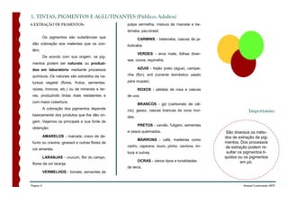 1. TINTAS, PIGMENTOS E AGLUTINANTES (Público: Adultos)
A EXTRAÇÃO DE PIGMENTOS:                         polpa vermelha, mistura de marcela e be-
                                                 terraba, pau-brasil.
           Os pigmentos são substâncias que             CARMINS - beterraba, cascas de ja-
 dão coloração aos materiais que os con-         buticaba.
 têm.
                                                        VERDES - erva mate, folhas diver-
           De acordo com sua origem, os pig-
                                                 sas, couve, espinafre.
 mentos podem ser naturais ou produzi-
 dos em laboratório mediante processos                  AZUIS - feijão preto (água), campai-

 químicos. Os naturais são extraídos da na-      nha (flor), anil (corante doméstico usado

 tureza vegetal (flores, frutos, sementes,       para roupas).

 raízes, troncos, etc.) ou de minerais e ter-           ROXOS - pétalas de rosa e cascas
 ras, produzindo tintas mais resistentes e       de uva.
 com maior cobertura.
                                                        BRANCOS - giz (carbonato de cál-
           A coloração dos pigmentos depende     cio), gesso, cascas brancas de ovos moí-                   Importante:
 basicamente dos produtos que lhe dão ori-       das.
 gem. Vejamos os principais e sua fonte de
                                                        PRETOS - carvão, fuligem, sementes
 obtenção:
                                                 e ossos queimados.                             São diversos os méto-
           AMARELOS - marcela, cravo de de-                                                    dos de extração de pig-
                                                        MARRONS - café, madeiras como
 funto ou cravina, girassol e outras flores de                                                 mentos. Dos processos
                                                 cedro, cajarana, louro, pinho, caviúna, im-   de extração podem re-
 cor amarela.
                                                 buia e outras.                                 sultar os pigmentos lí-
           LARANJAS - urucum, flor do campo,                                                   quidos ou os pigmentos
                                                        OCRAS - vários tipos e tonalidades              em pó.
 flores de cor laranja.
                                                 de terra.
           VERMELHOS - tomate, sementes de


Página 5                                                                                                 Manual Construindo ARTE
 