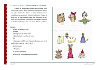 15. TEATRO DE BONECOS (Público: Crianças de 07 a 12 anos)

        O teatro de bonecos teve origem na antiguidade. Índia,
 China, Egito, Grécia, Roma e toda a Europa sempre instruí-
 ram e divertiram muitas plateias adultas e infantis com essa
 modalidade de espetáculo. O teatro de bonecos chegou ao
 Brasil com os colonizadores no séc. XVI. Sobretudo no Nor-
 deste, é muito difundido e conhecido como MAMULENGO e
 se mantém em destaque com suas cenas cômicas e satíricas.



Cenário:
    ● Caixa de papelão grande
    ● Estilete
    ● Tinta guache de várias cores
    ● Cola, barbante e retalhos de tecido
    Ou

    ● 3 pedaços de MDF ou 2 chapas de Eucatex: duas de 30
 cm X 2.00 m e uma de 1,60 X 2.00 m

    ● 4 dobradiças

    ● Tinta látex

    ● Cortador de madeira

    ● Tachinhas, barbante e retalhos de tecido




Página 57                                                        Manual Construindo ARTE
 