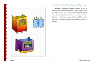 18. TEATRO DE SOMBRAS (Público: Crianças de 07 a 12 anos)


                 Aproveite a estrutura do seu teatro e coloque na boca do
            palco um papel vegetal bem esticado e fixado com fita crepe.
            Crie os personagens da sua peça, corte-os em papelão preto e
            fixe-os sobre um espeto de churrasco para que possa movimen-
            tá-los. Dentro do teatro, coloque uma lâmpada a 50 cm de dis-
            tância para que ela possa realçar os personagens criando as
            sombras.




Página 59                                                  Manual Construindo ARTE
 